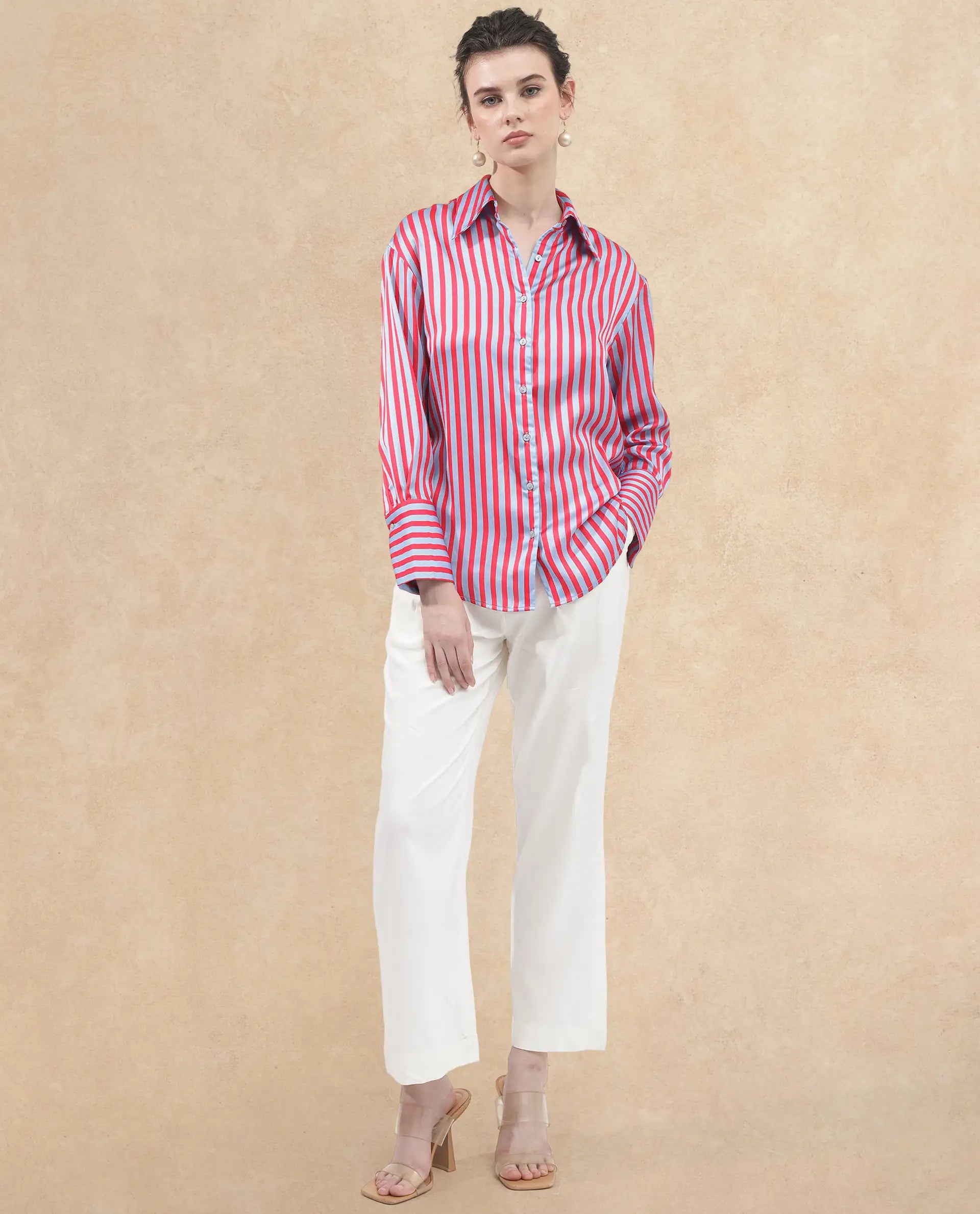 Rareism Women Mochin Blue Polyester Fabric Full Sleeves Button Closure Collared Neck Cuffed Sleeve Regular Fit Striped Shirt