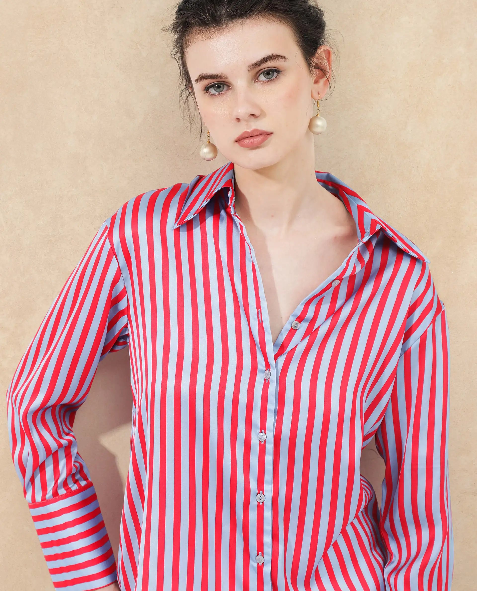 Rareism Women Mochin Blue Polyester Fabric Full Sleeves Button Closure Collared Neck Cuffed Sleeve Regular Fit Striped Shirt