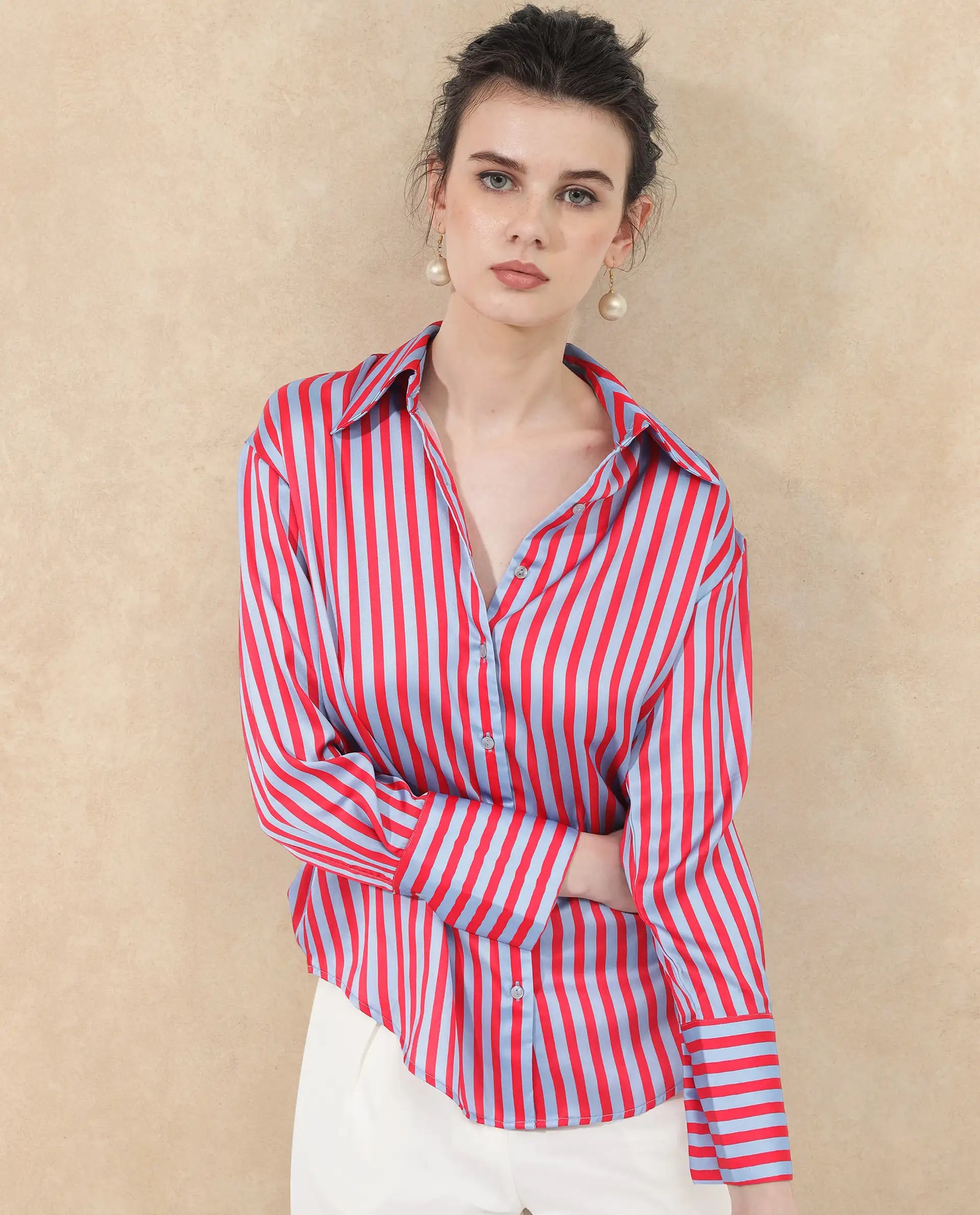 Rareism Women Mochin Blue Polyester Fabric Full Sleeves Button Closure Collared Neck Cuffed Sleeve Regular Fit Striped Shirt