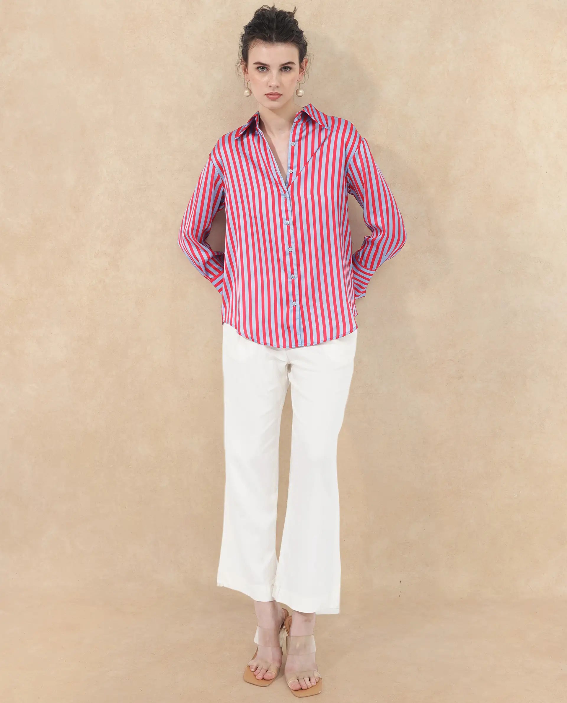 Rareism Women Mochin Blue Polyester Fabric Full Sleeves Button Closure Collared Neck Cuffed Sleeve Regular Fit Striped Shirt