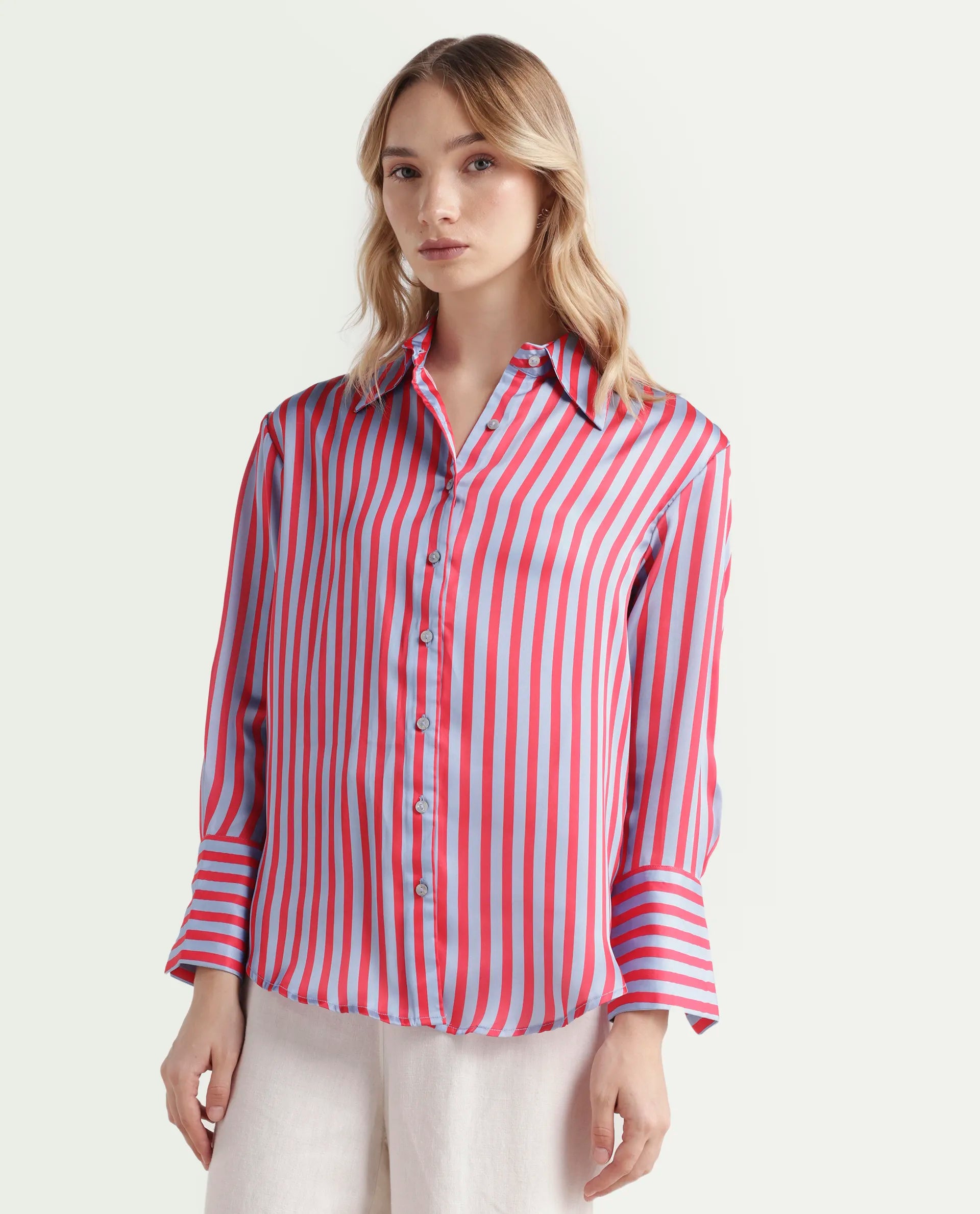Rareism Women's Mochin Blue Polyester Drop Collar Striped Cuffed Sleeve Regular Fit Shirt