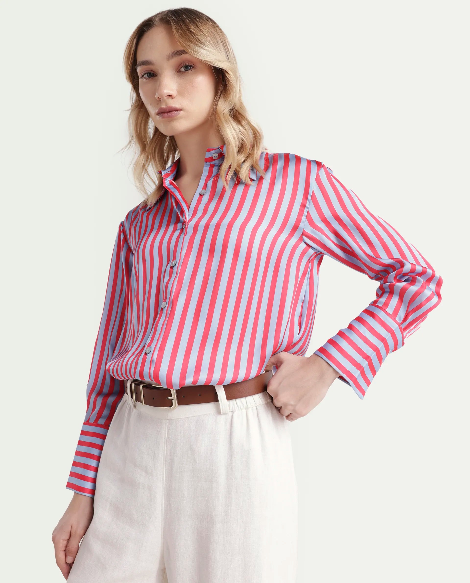 Rareism Women's Mochin Blue Polyester Drop Collar Striped Cuffed Sleeve Regular Fit Shirt