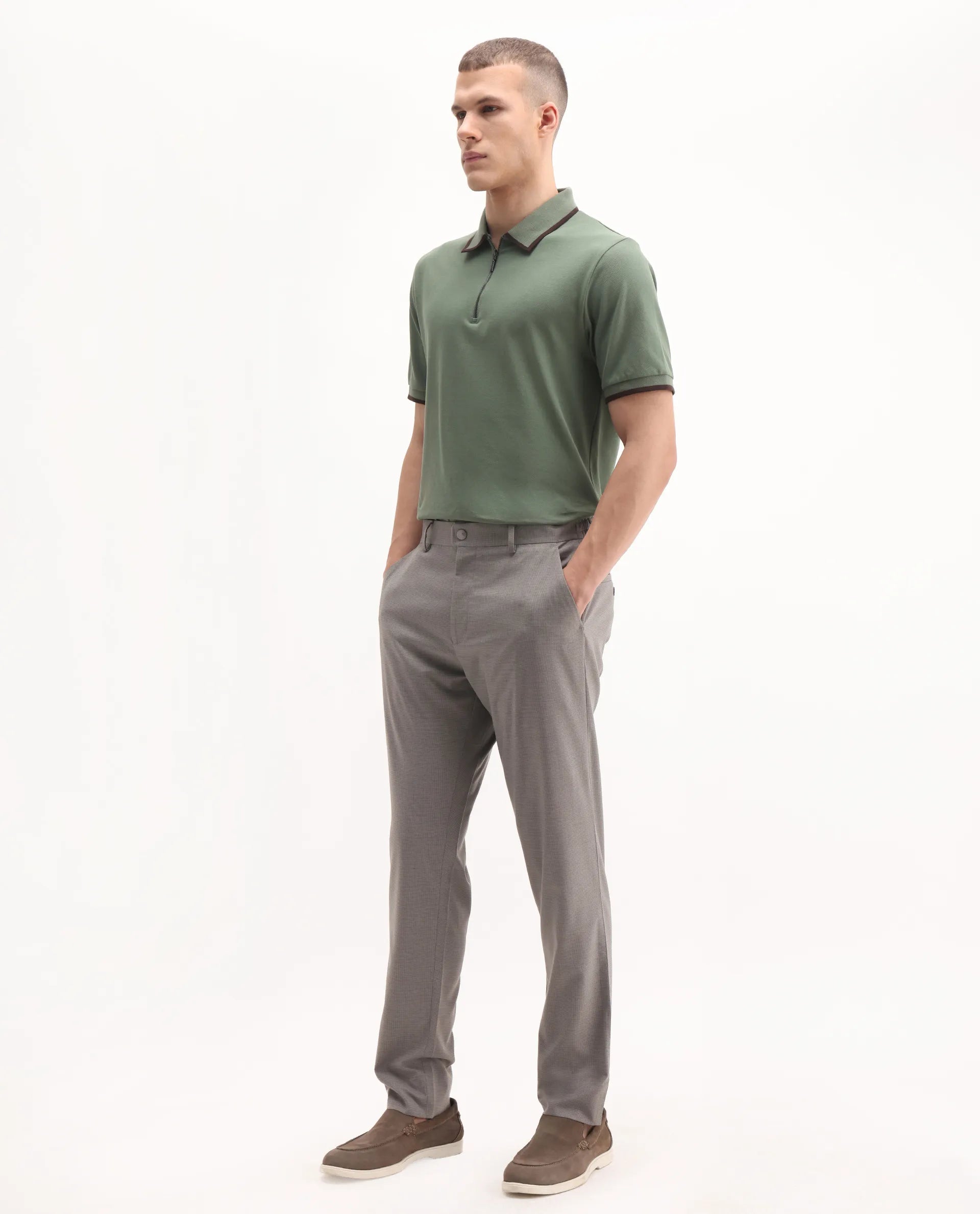 Rare Rabbit Men's Mocron Grey Polyester Checked Print Regular Fit Trouser