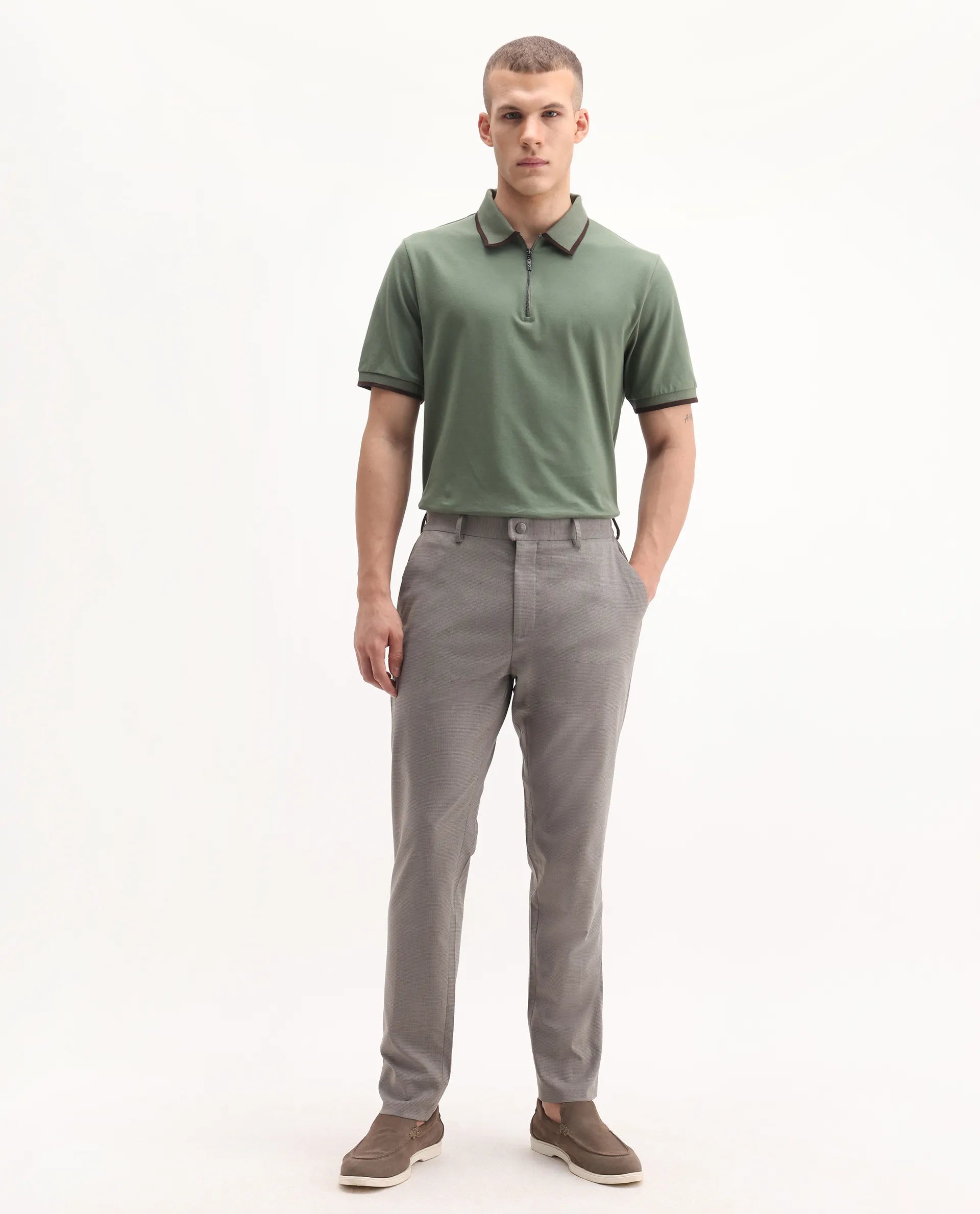 Rare Rabbit Men's Mocron Grey Polyester Checked Print Regular Fit Trouser