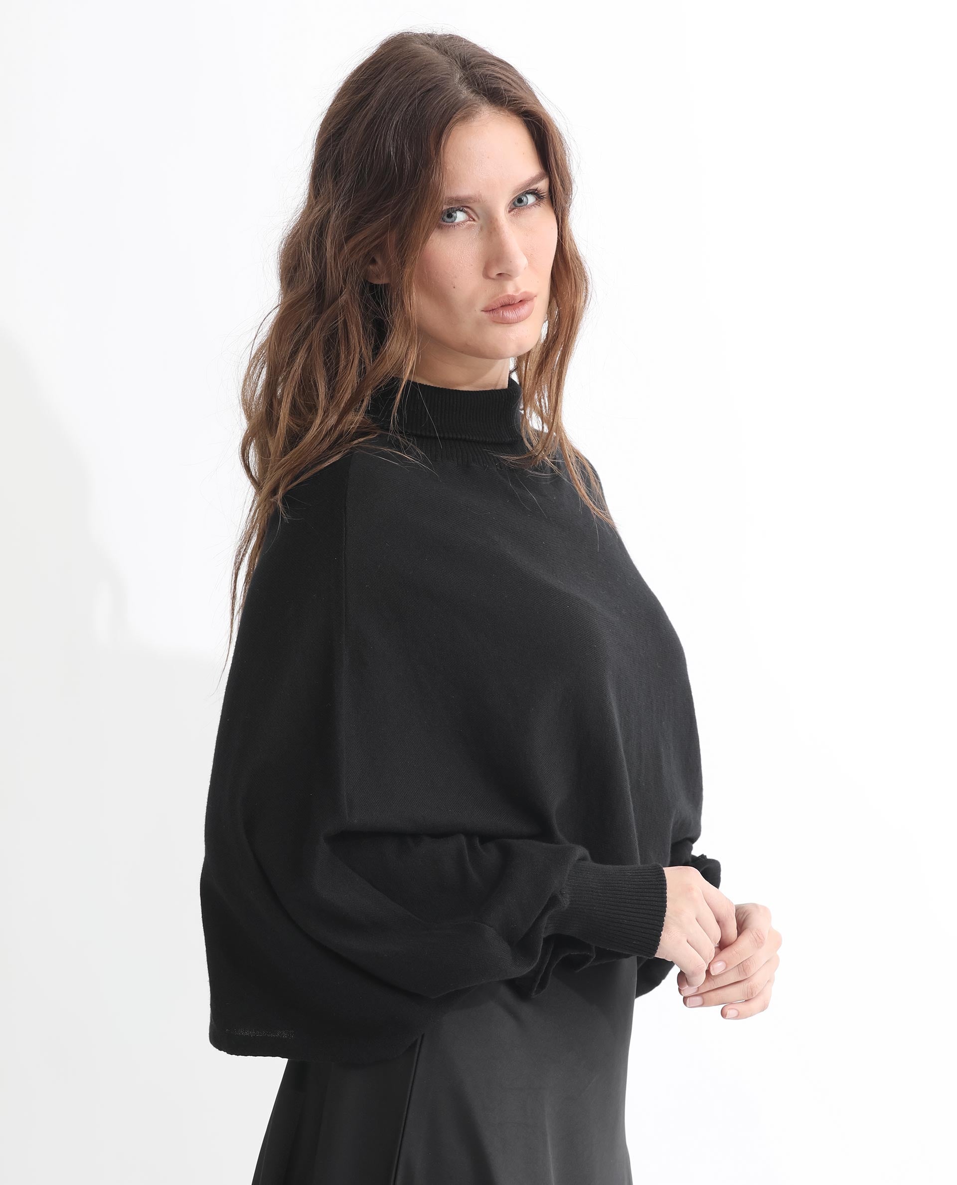 Rareism Women Modem Black Cotton Fabric Full Sleeves Regular Fit Solid High Neck Sweater