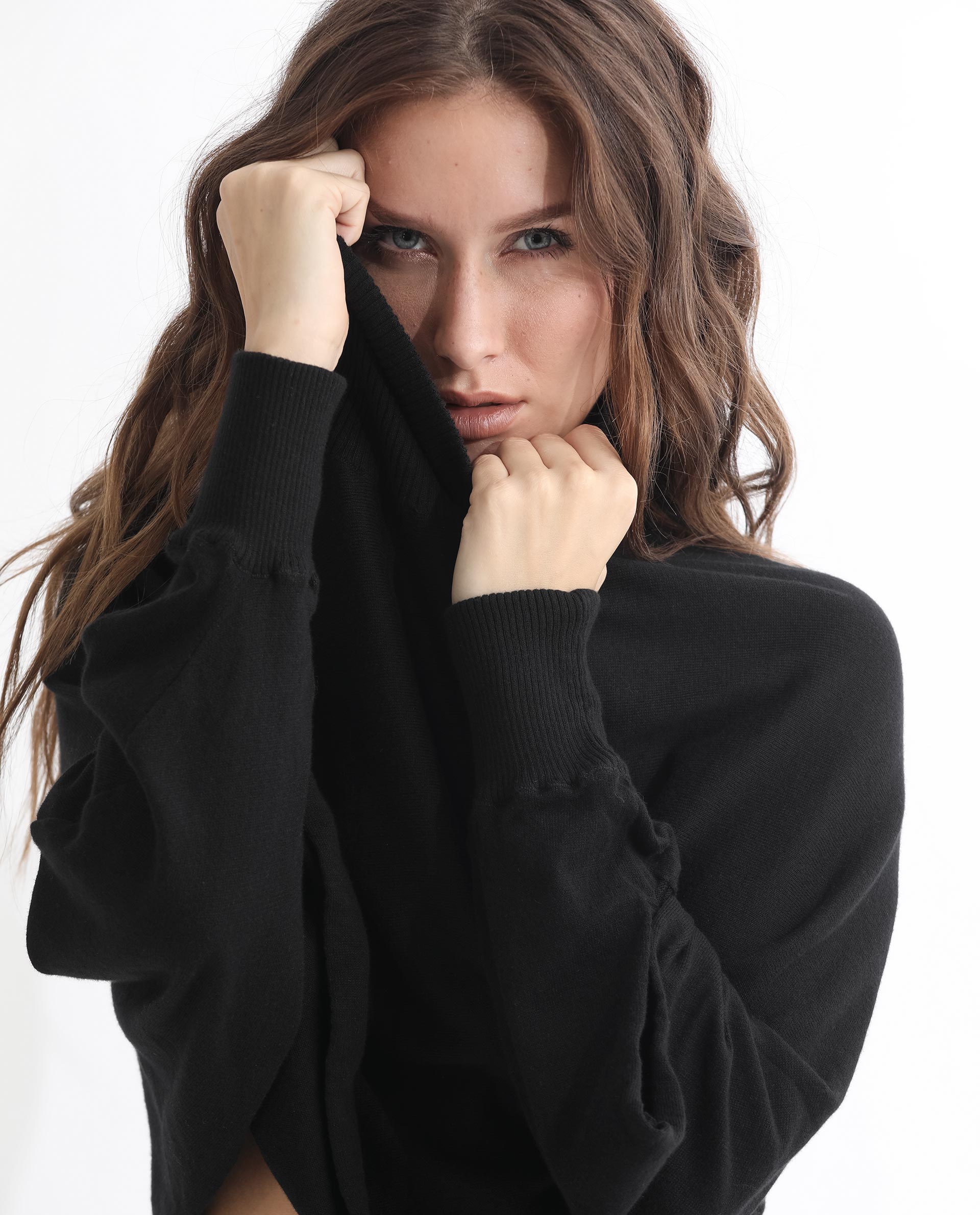 Rareism Women Modem Black Cotton Fabric Full Sleeves Regular Fit Solid High Neck Sweater