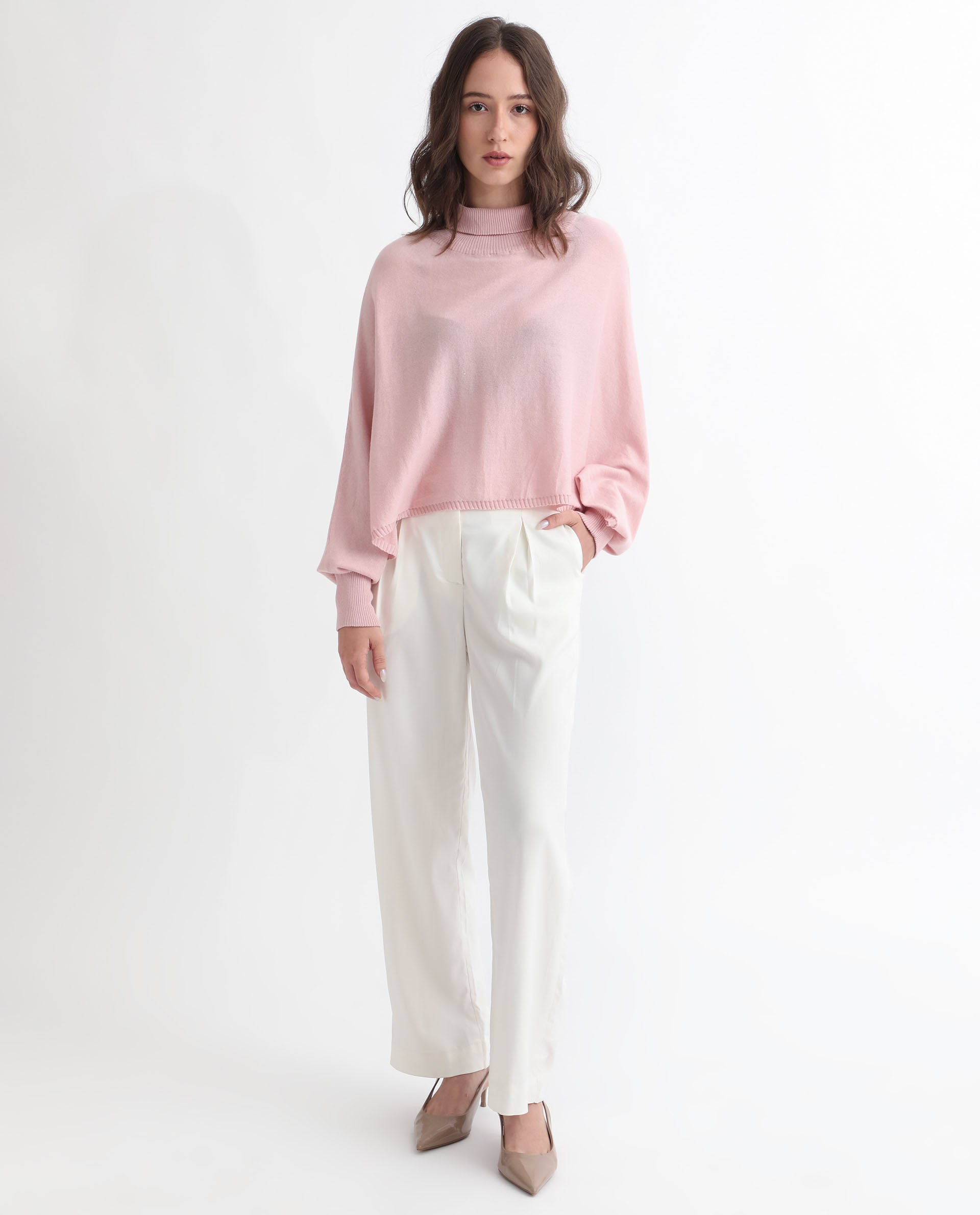 Rareism Women Modem Pink Cotton Fabric Full Sleeves Regular Fit Solid High Neck Sweater