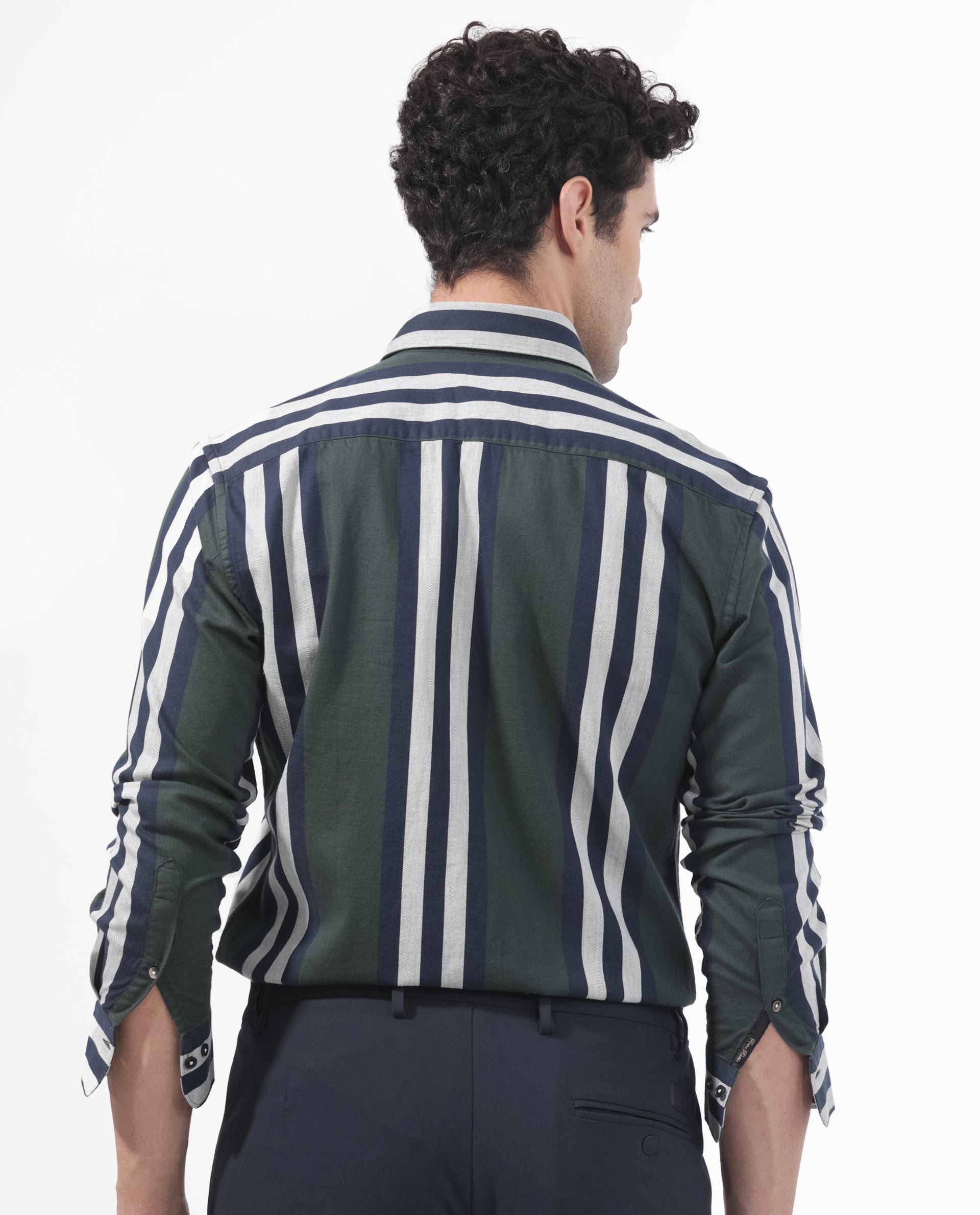 Rare Rabbit Men's Modena Dark Green Cotton Fabric Full Sleeves Striped Print Shirt