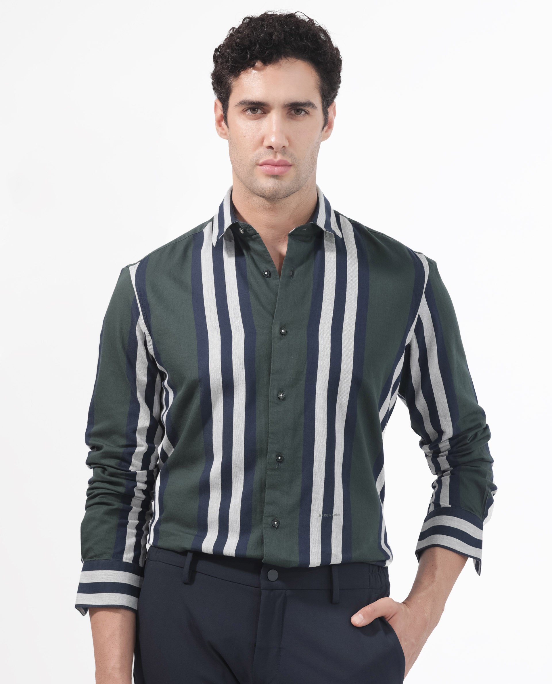 Rare Rabbit Men's Modena Dark Green Cotton Fabric Full Sleeves Striped Print Shirt