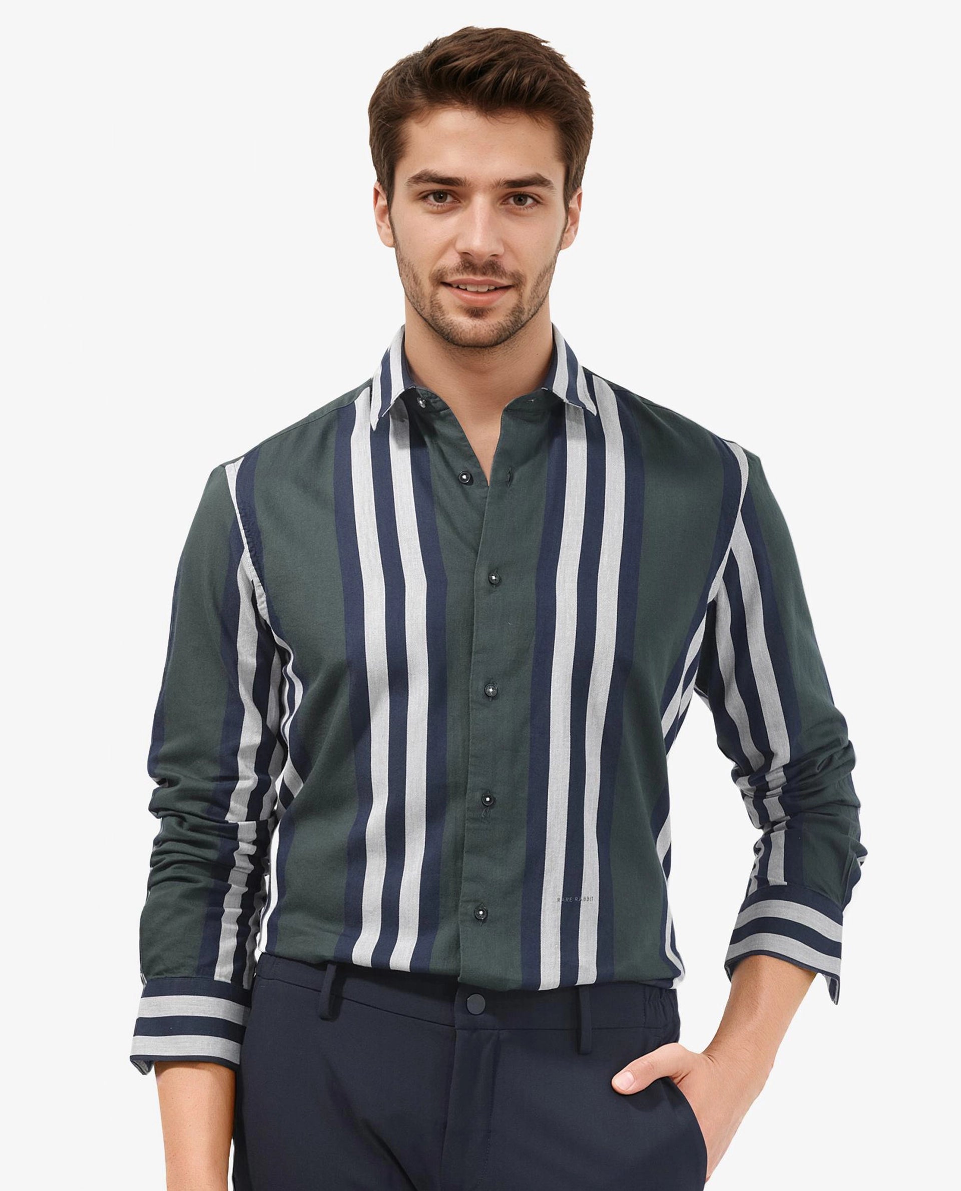 Rare Rabbit Men's Modena Dark Green Cotton Fabric Full Sleeves Striped Print Shirt