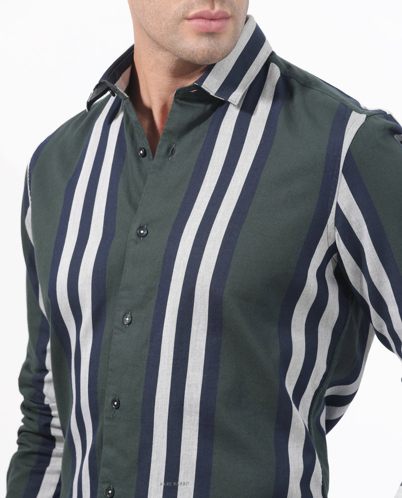 Rare Rabbit Men's Modena Dark Green Cotton Fabric Full Sleeves Striped Print Shirt