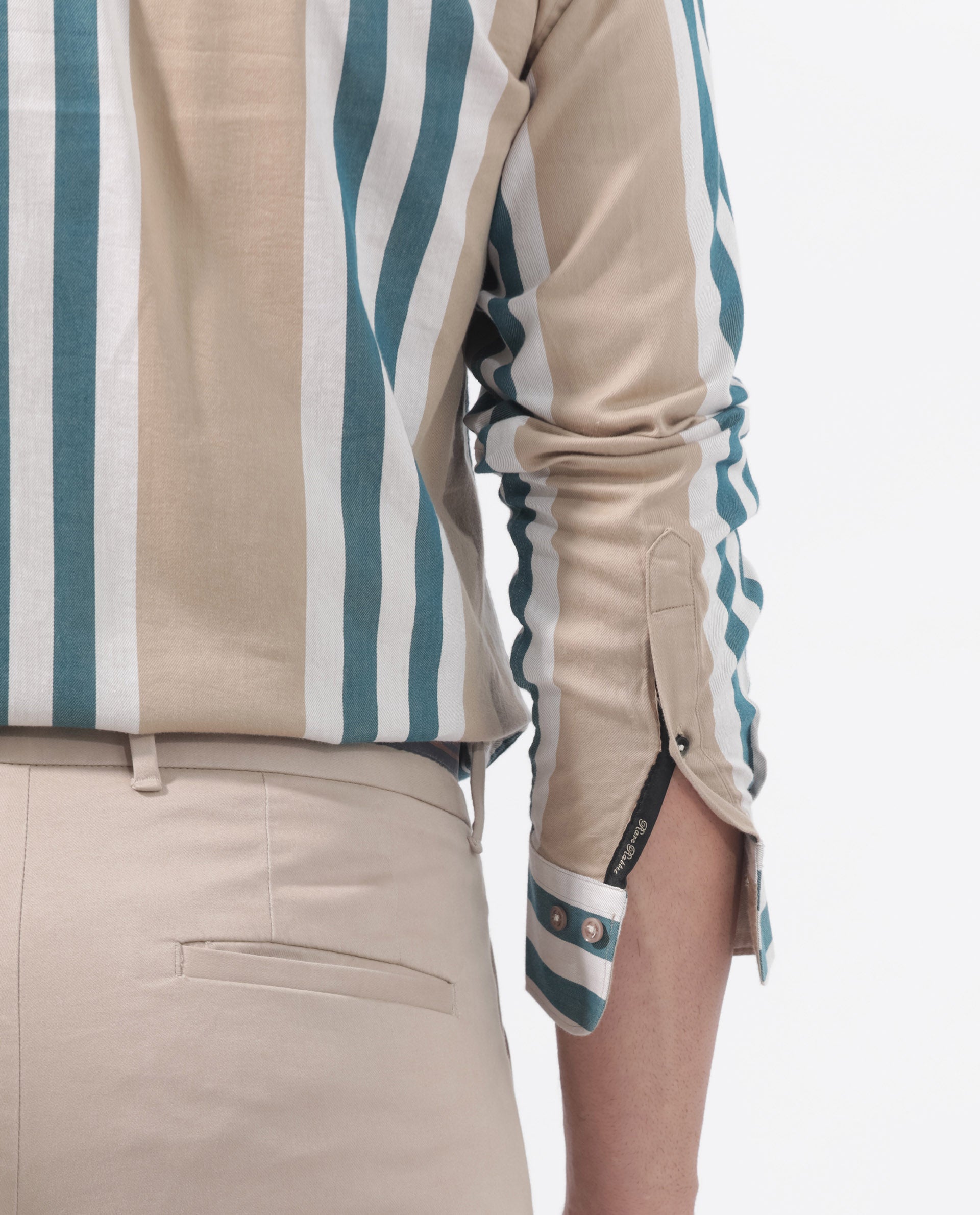 Rare Rabbit Men's Modena Light Brown Cotton Fabric Full Sleeves Striped Print Shirt