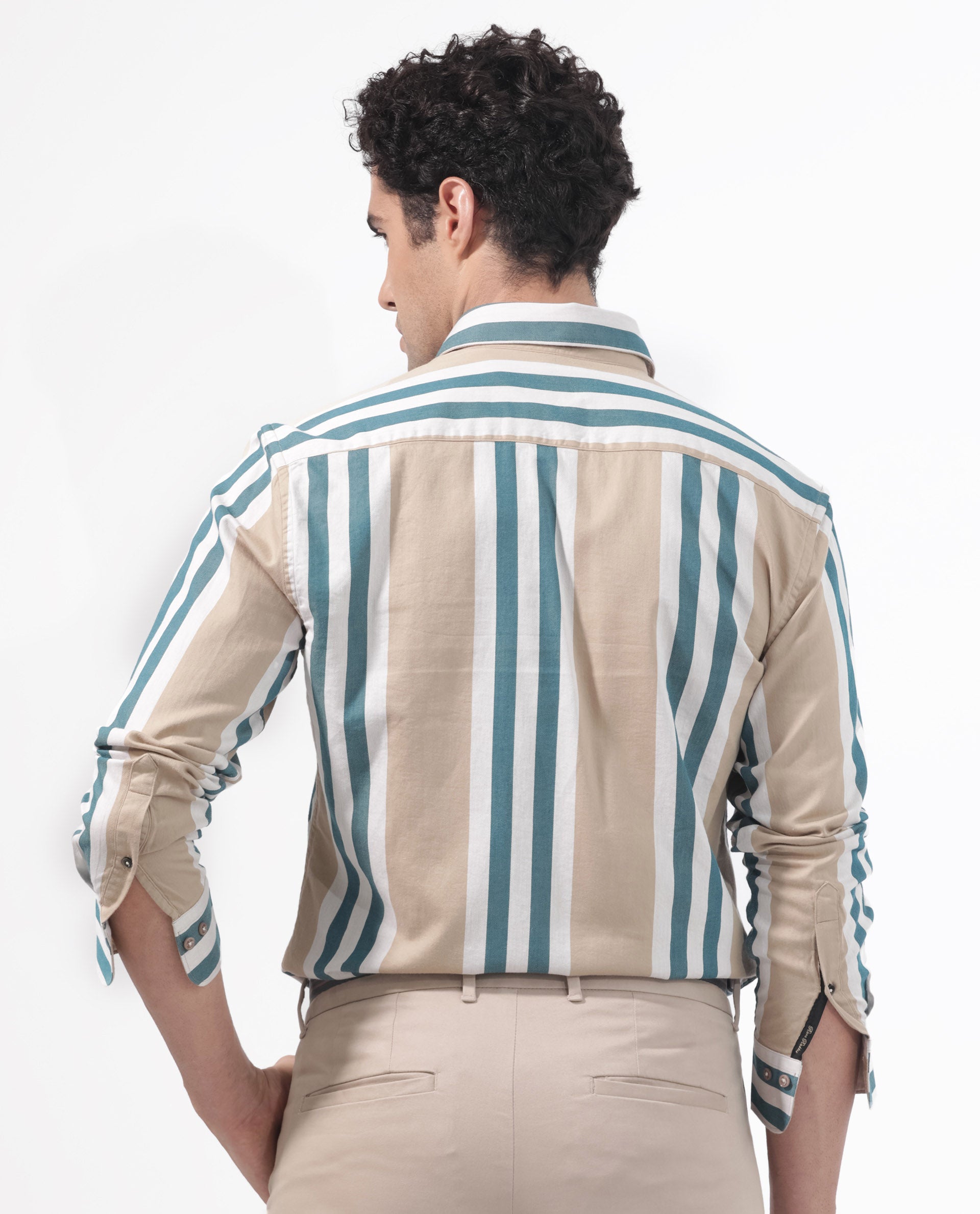 Rare Rabbit Men's Modena Light Brown Cotton Fabric Full Sleeves Striped Print Shirt