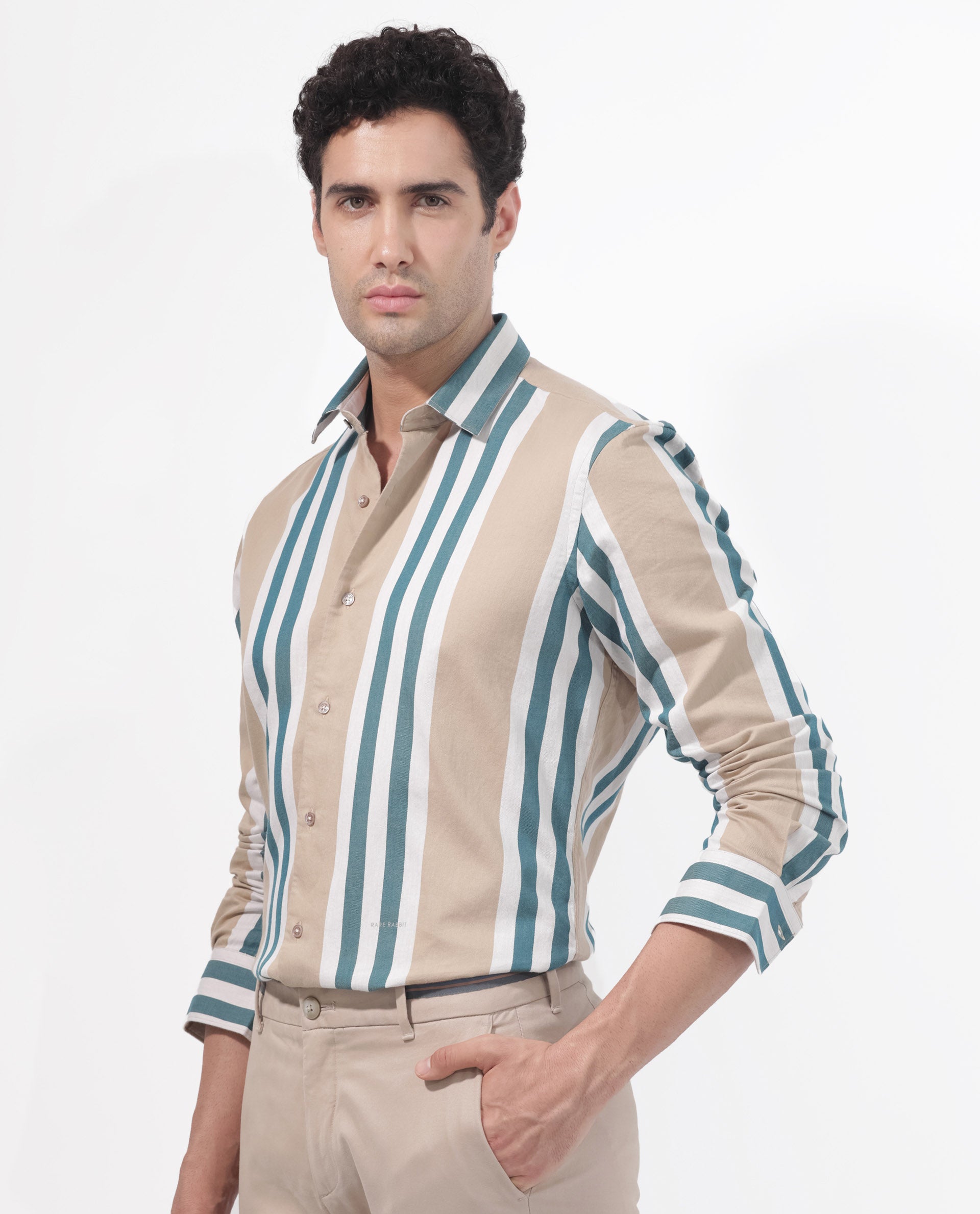 Rare Rabbit Men's Modena Light Brown Cotton Fabric Full Sleeves Striped Print Shirt