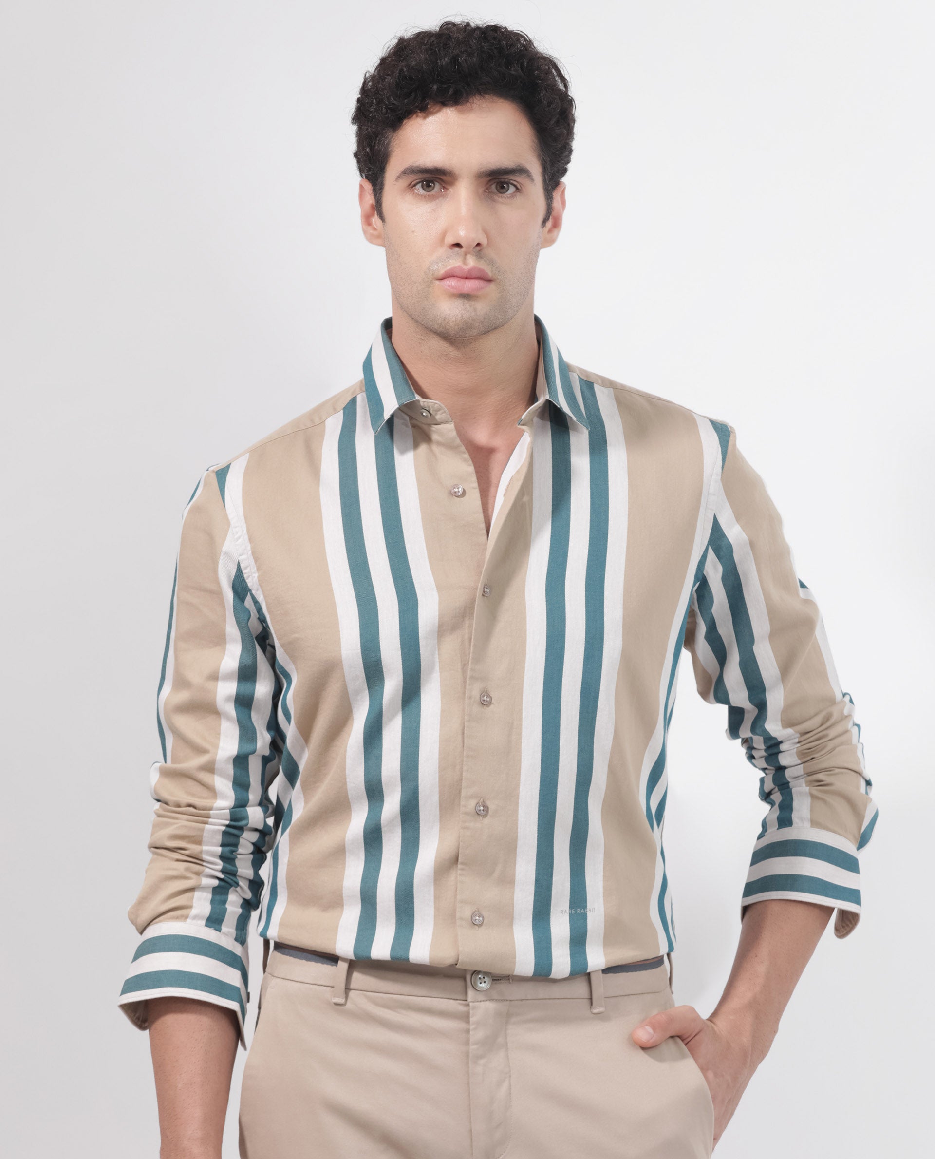 Rare Rabbit Men's Modena Light Brown Cotton Fabric Full Sleeves Striped Print Shirt