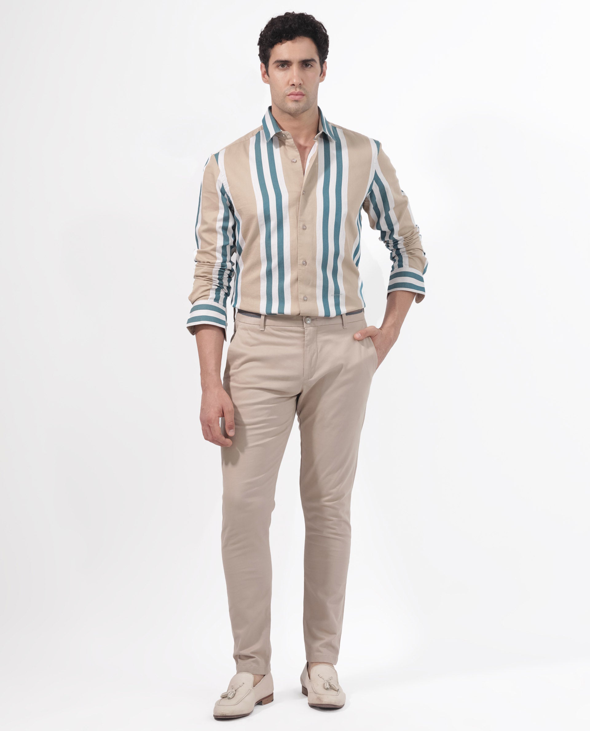 Rare Rabbit Men's Modena Light Brown Cotton Fabric Full Sleeves Striped Print Shirt