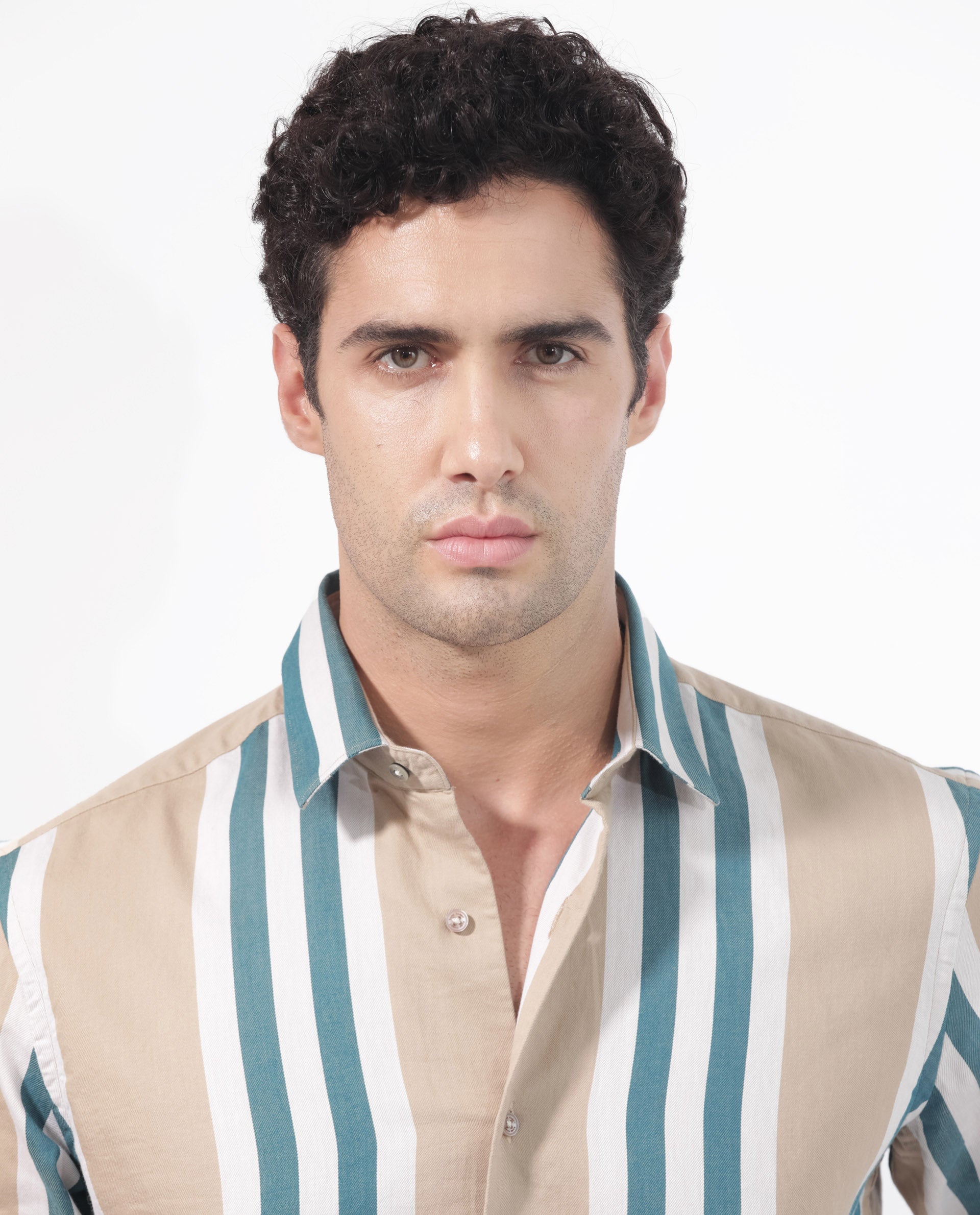 Rare Rabbit Men's Modena Light Brown Cotton Fabric Full Sleeves Striped Print Shirt