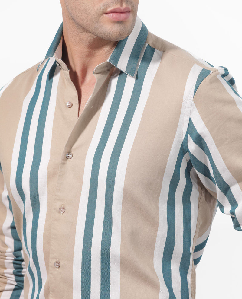 Rare Rabbit Men's Modena Light Brown Cotton Fabric Full Sleeves Striped Print Shirt