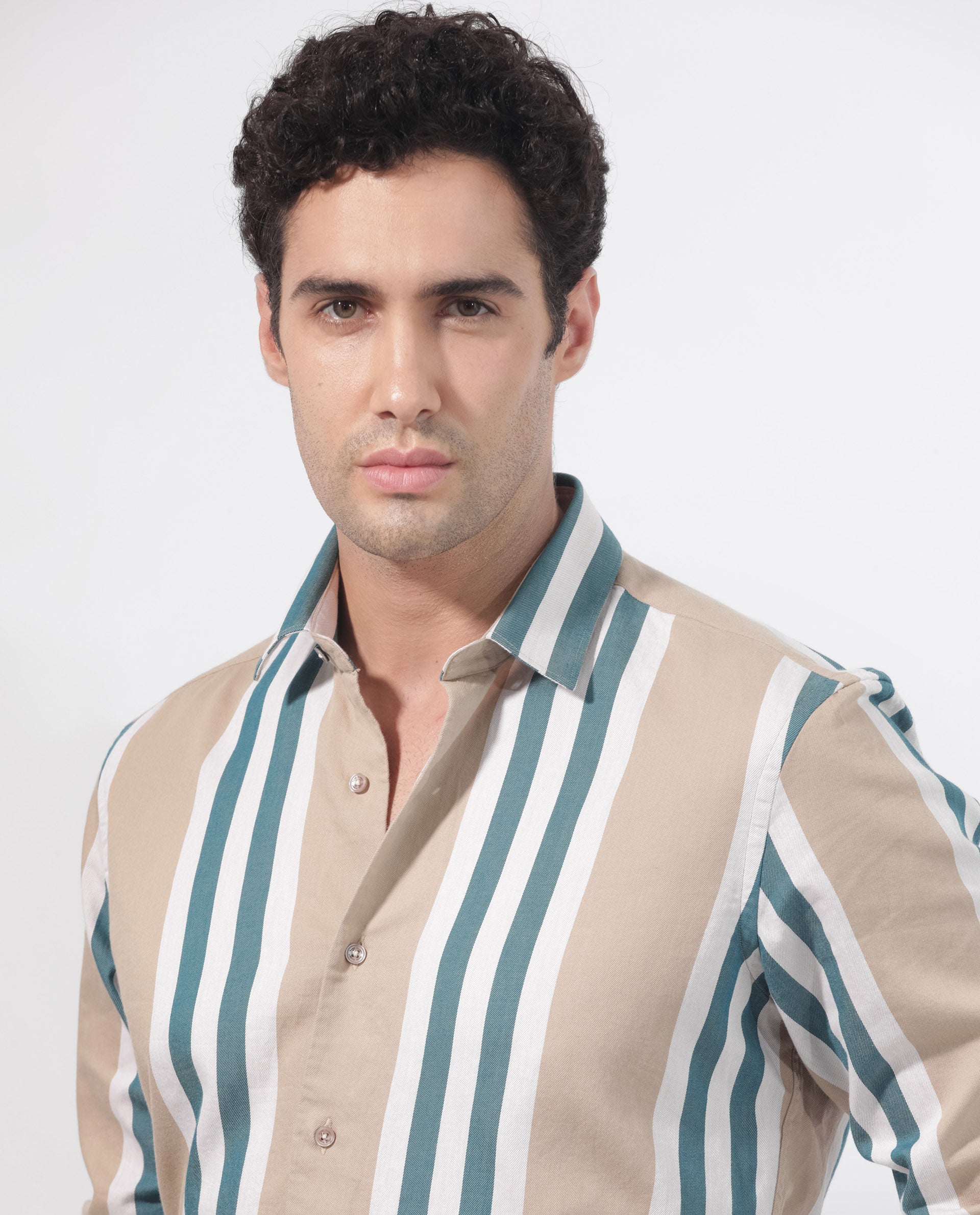 Rare Rabbit Men's Modena Light Brown Cotton Fabric Full Sleeves Striped Print Shirt