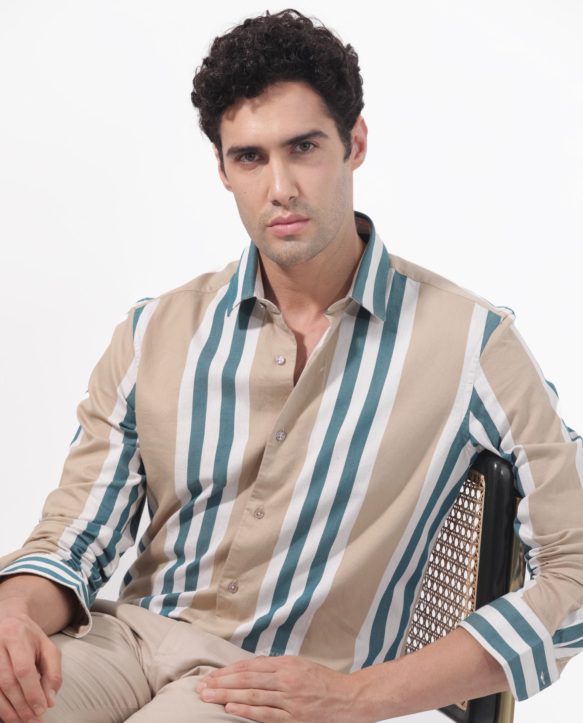 Rare Rabbit Men's Modena Light Brown Cotton Fabric Full Sleeves Striped Print Shirt