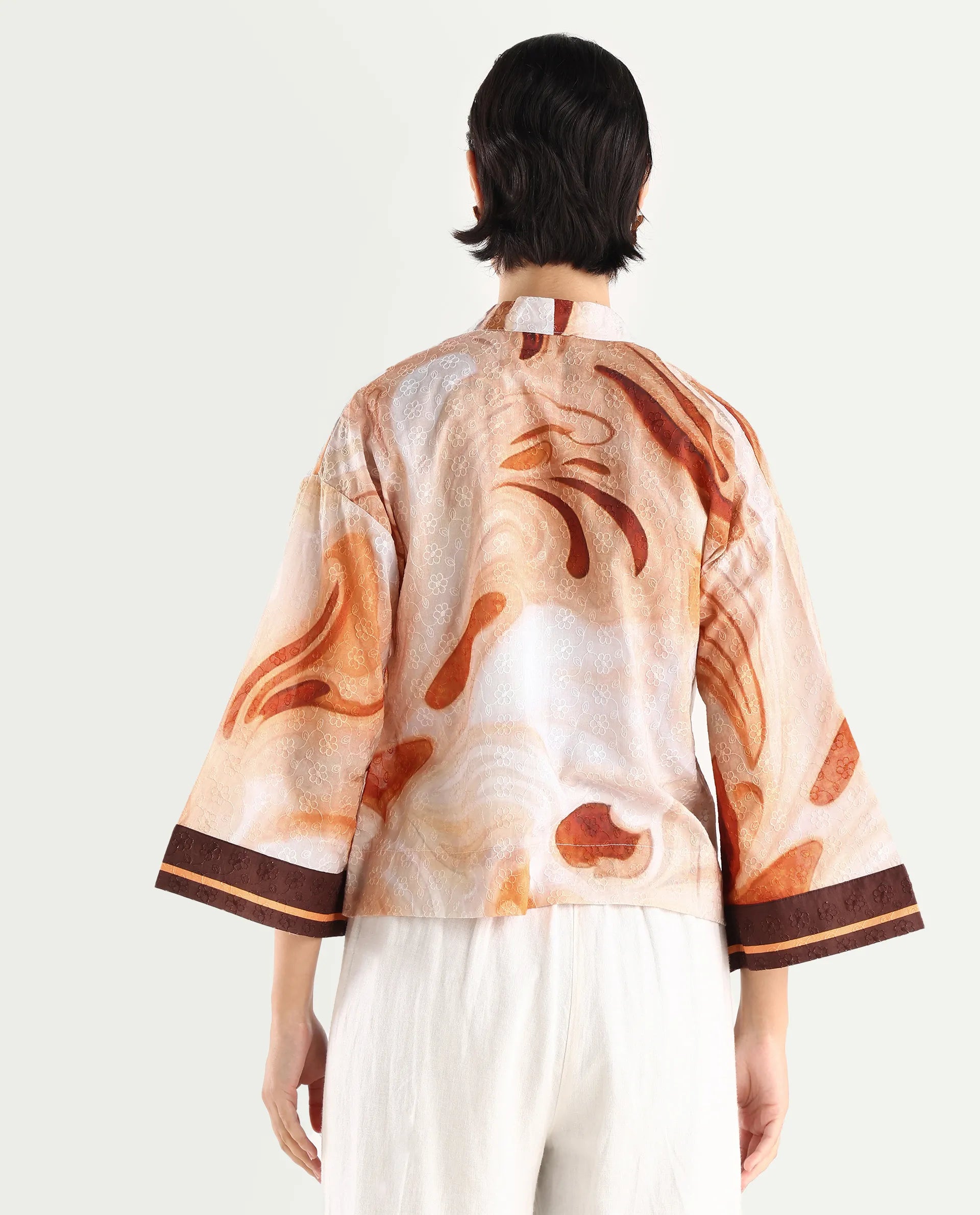 Rareism Women's Modena Light Brown Cotton Shawl Collar Abstract Print Bell Sleeve Crop Regular Fit Top