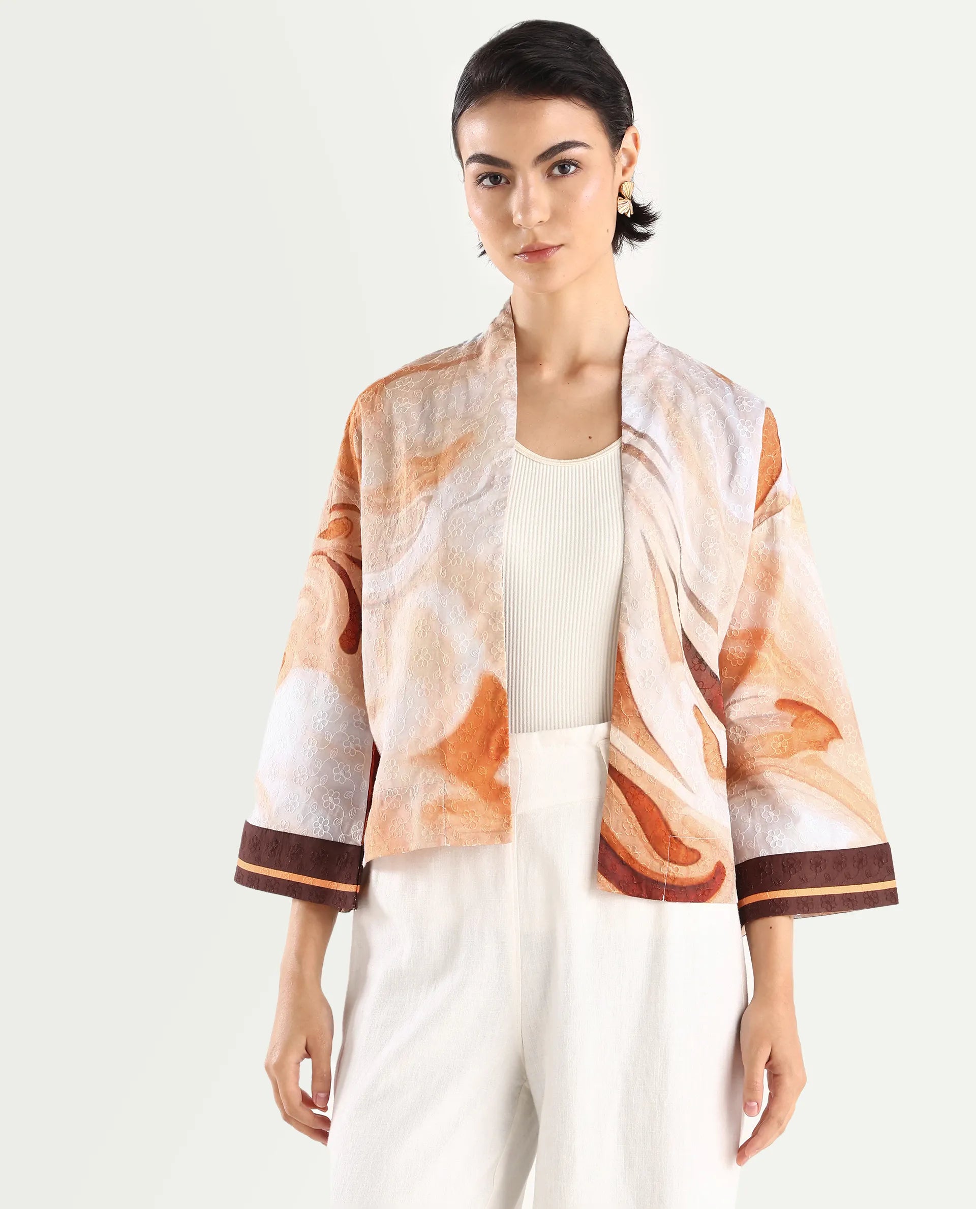 Rareism Women's Modena Light Brown Cotton Shawl Collar Abstract Print Bell Sleeve Crop Regular Fit Top