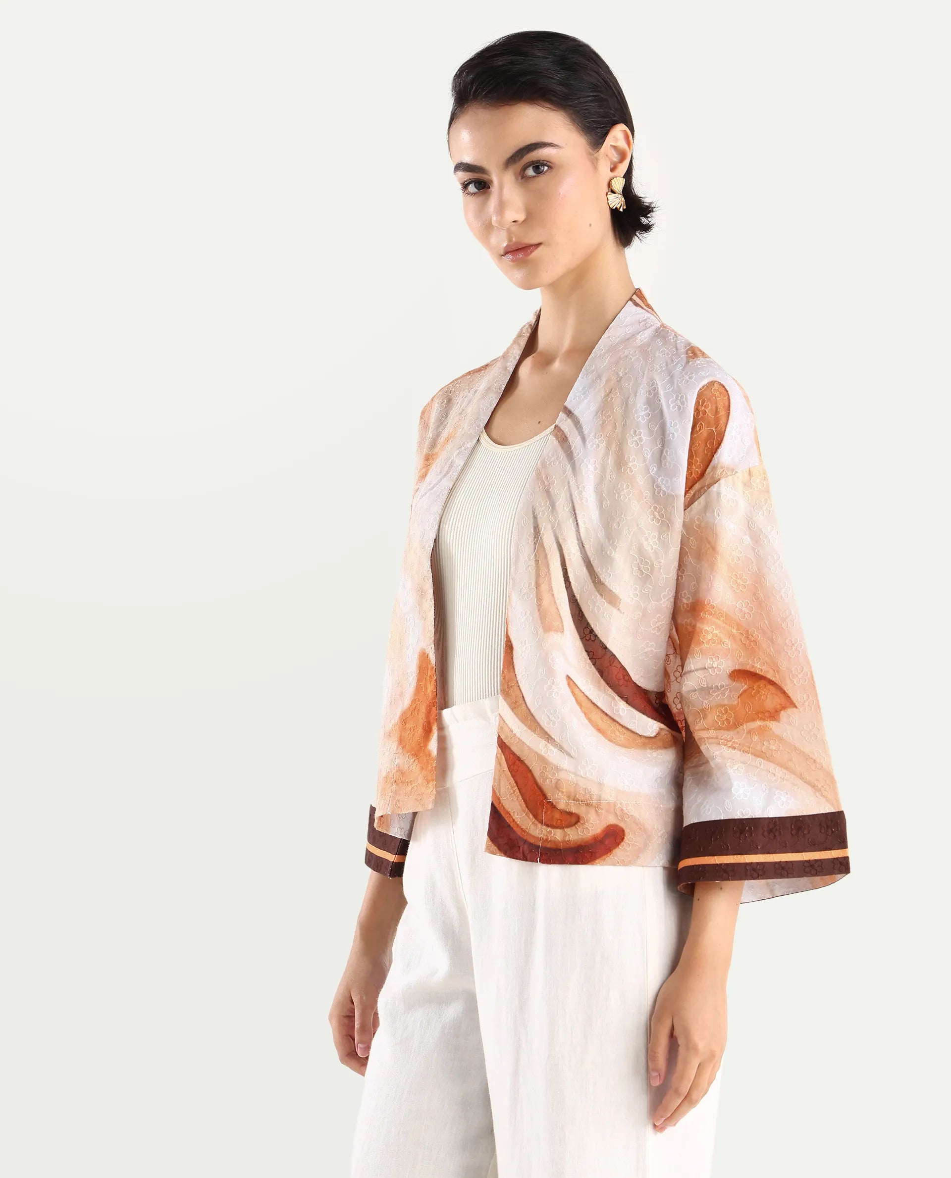 Rareism Women's Modena Light Brown Cotton Shawl Collar Abstract Print Bell Sleeve Crop Regular Fit Top