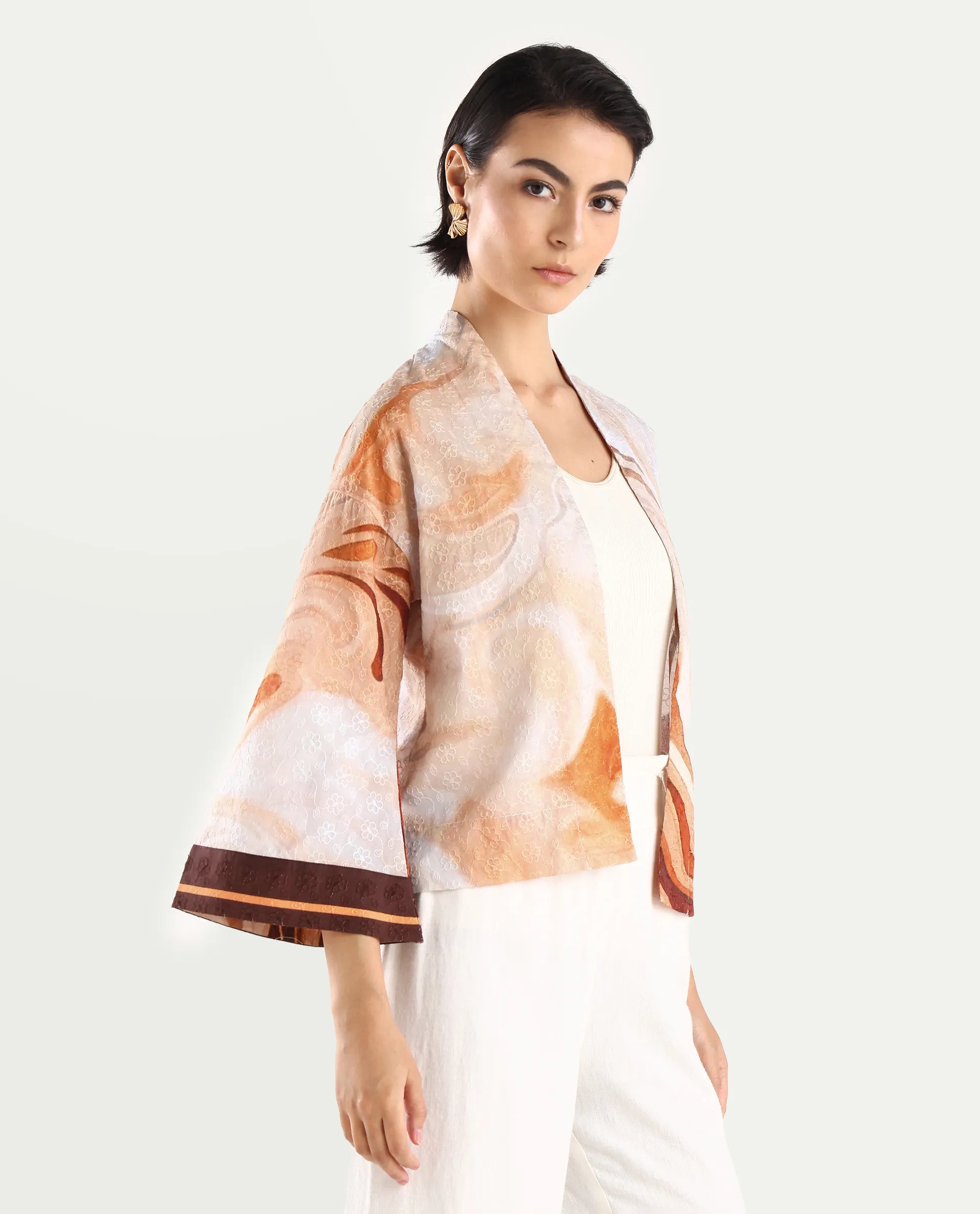 Rareism Women's Modena Light Brown Cotton Shawl Collar Abstract Print Bell Sleeve Crop Regular Fit Top