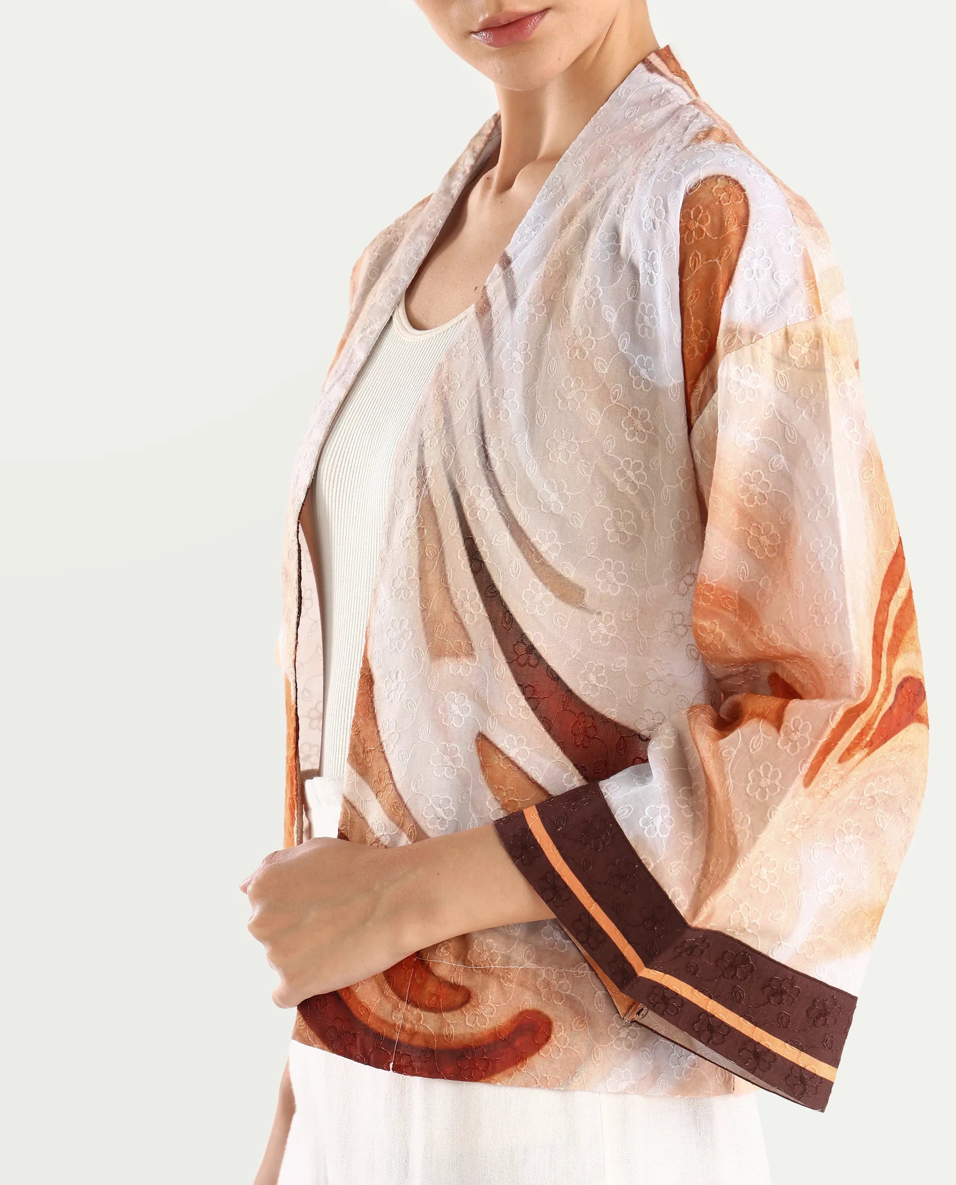 Rareism Women's Modena Light Brown Cotton Shawl Collar Abstract Print Bell Sleeve Crop Regular Fit Top