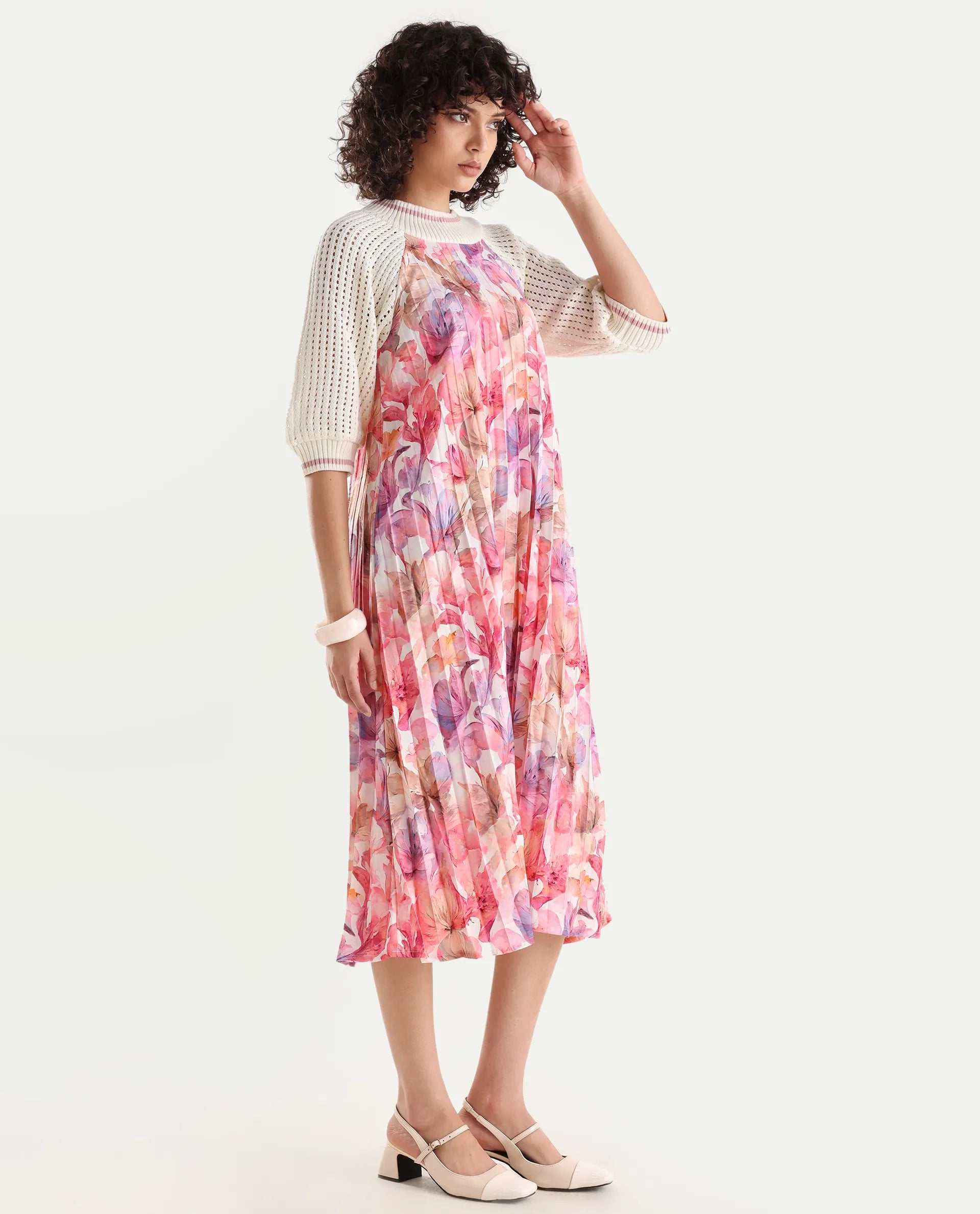 Rareism Women's Modenl Light Multi Satin Ribbed Collar Floral Print Raglan Sleeve Midi Flared Dress