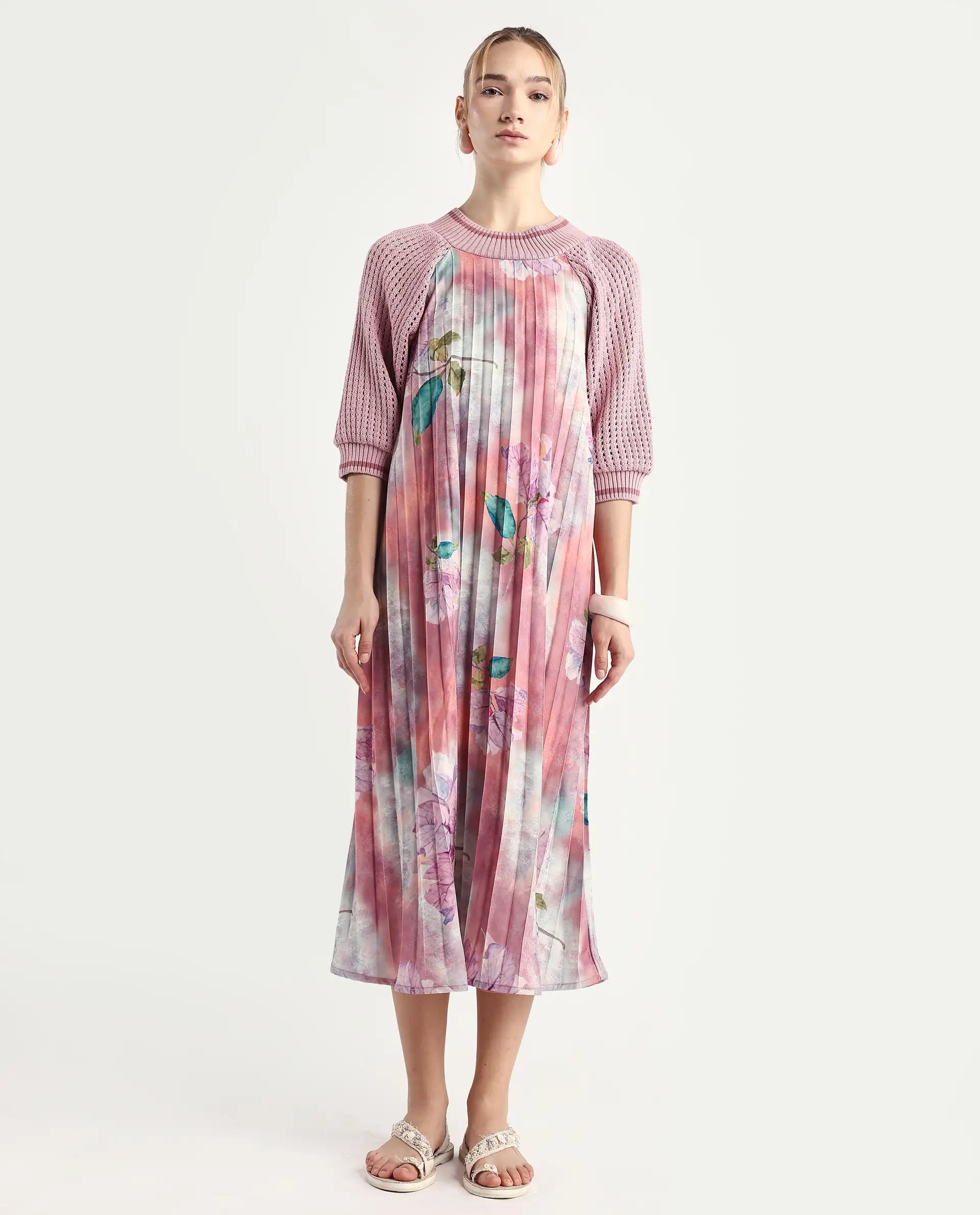 Rareism Women's Modley Multi Polyester Ribbed Collar Floral Print Raglan Sleeve Midi Flared Dress