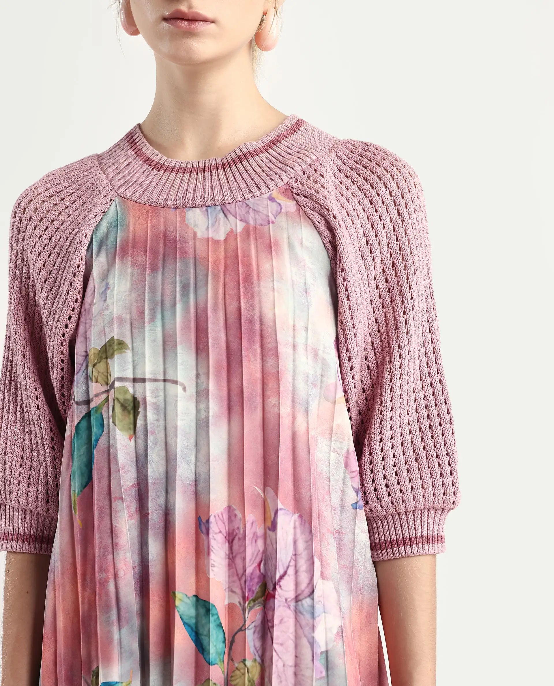 Rareism Women's Modley Multi Polyester Ribbed Collar Floral Print Raglan Sleeve Midi Flared Dress