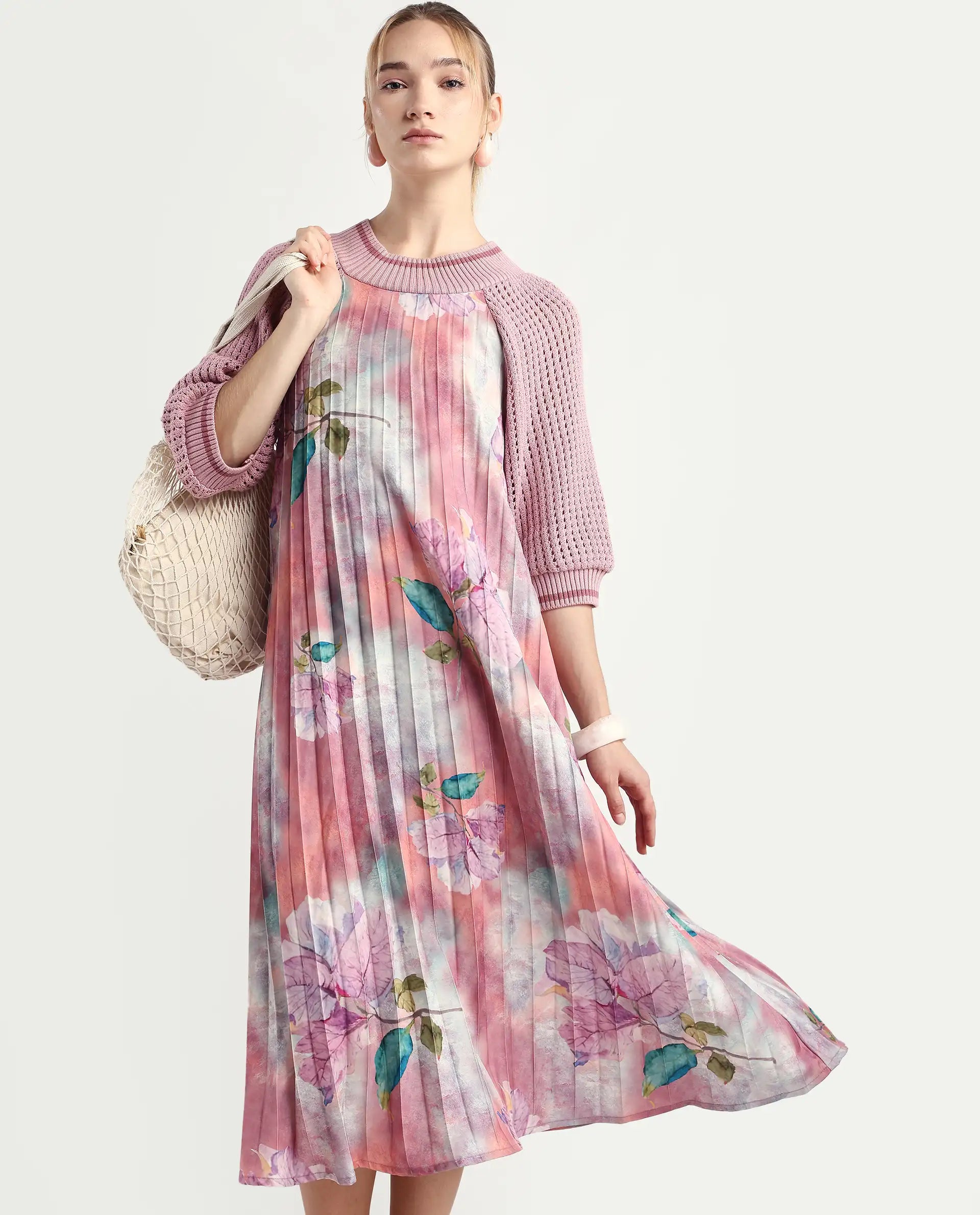 Rareism Women's Modley Multi Polyester Ribbed Collar Floral Print Raglan Sleeve Midi Flared Dress