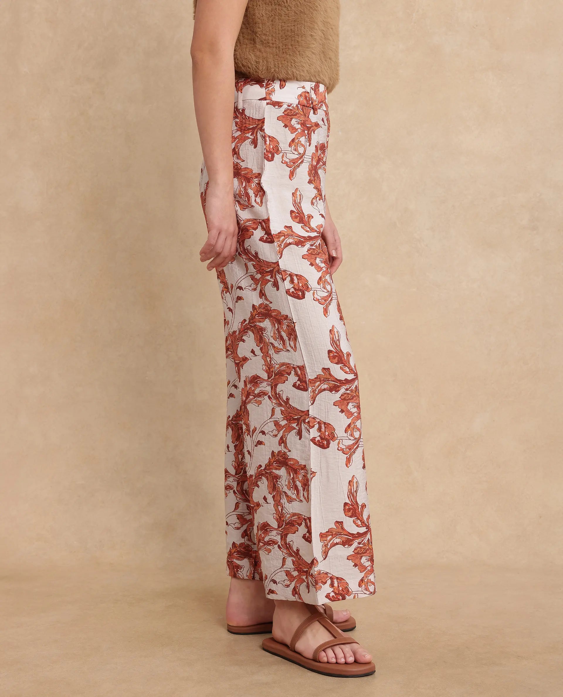 Rareism Women Mogafu Multi Nylon Viscose Fabric Zipper Closure Flared Fit Ankle Length Abstract Print Trouser