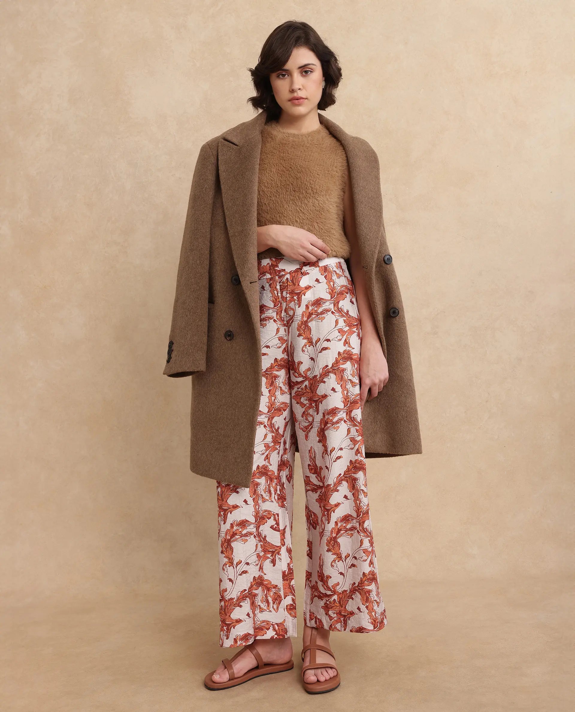 Rareism Women Mogafu Multi Nylon Viscose Fabric Zipper Closure Flared Fit Ankle Length Abstract Print Trouser