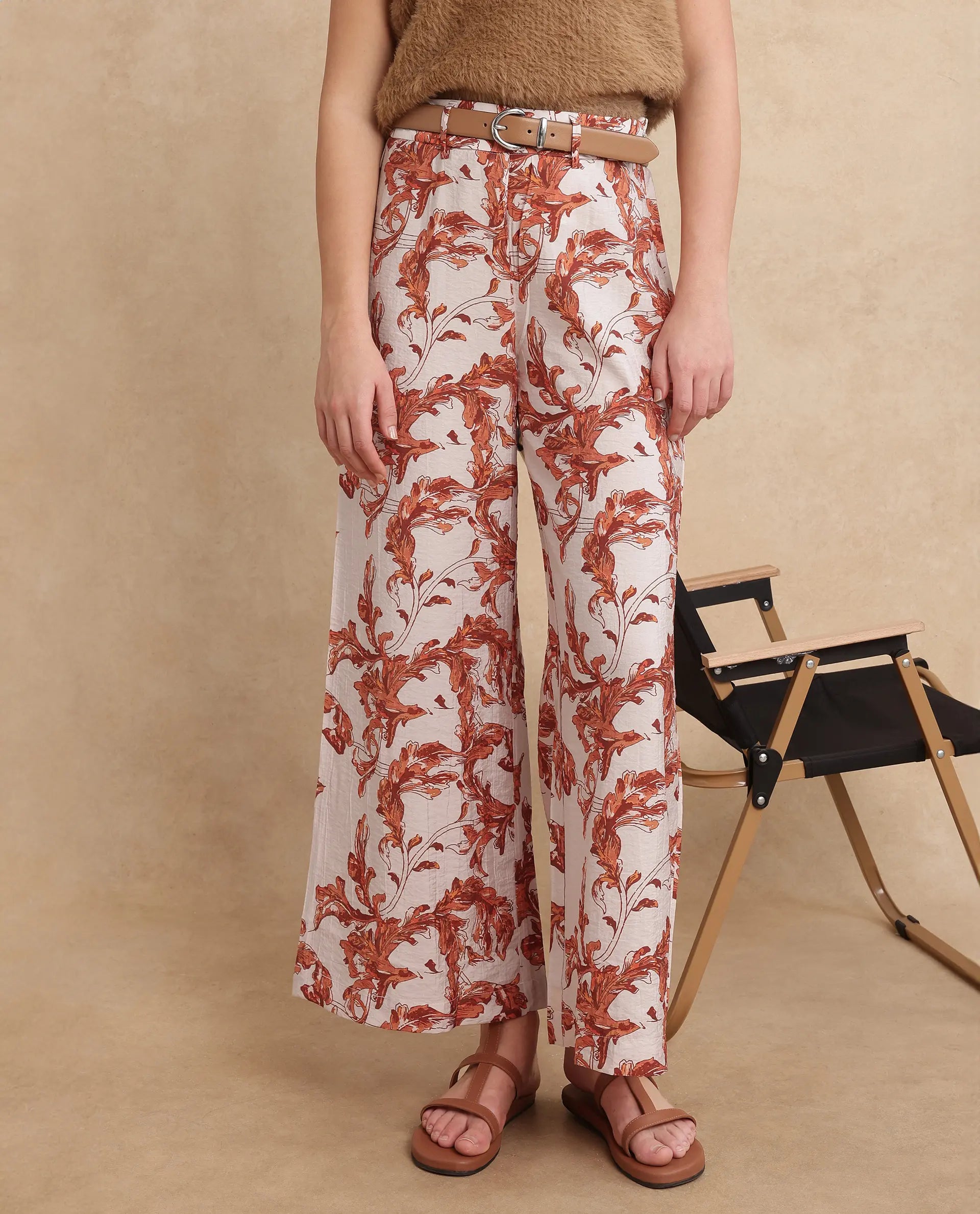 Rareism Women Mogafu Multi Nylon Viscose Fabric Zipper Closure Flared Fit Ankle Length Abstract Print Trouser