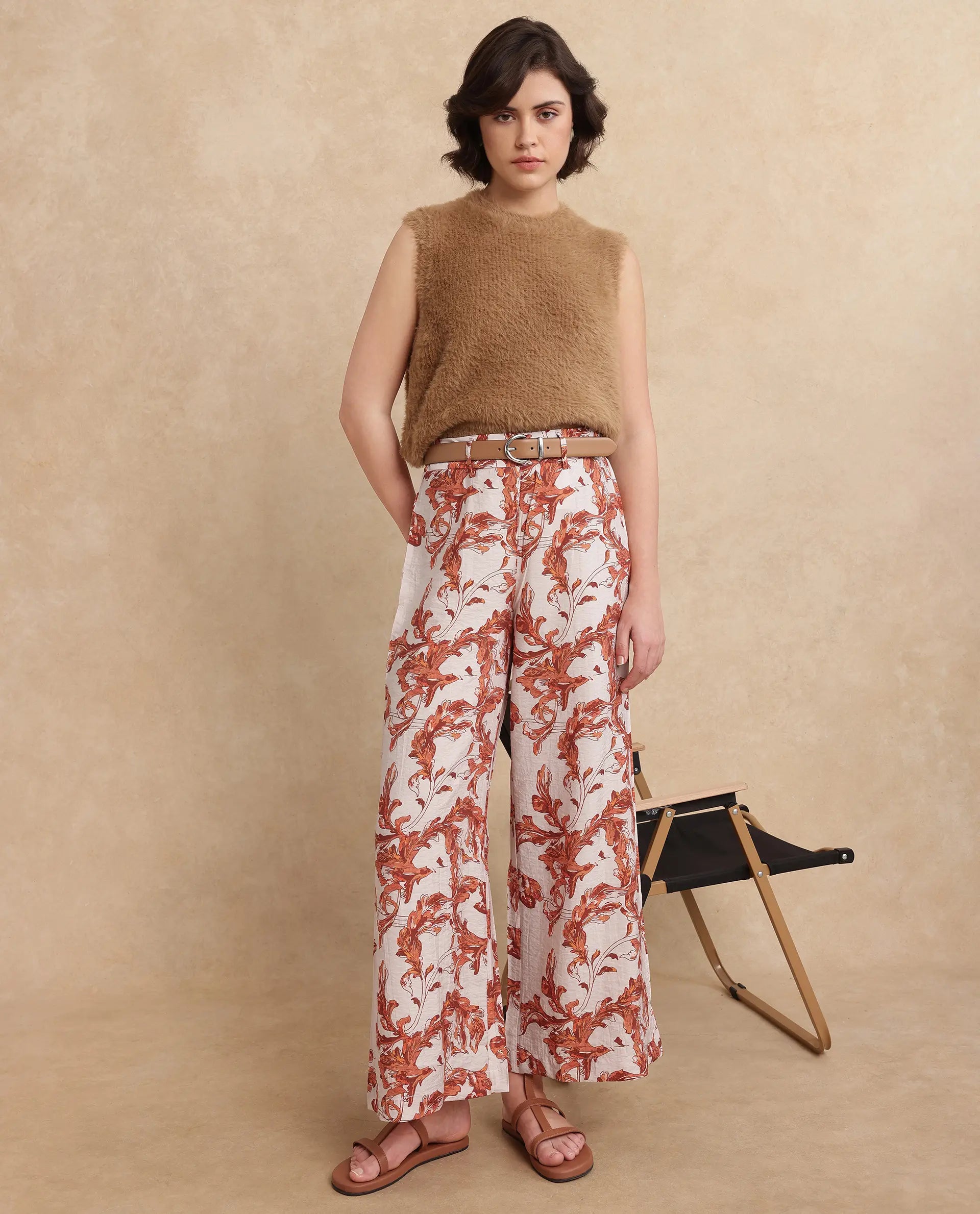 Rareism Women Mogafu Multi Nylon Viscose Fabric Zipper Closure Flared Fit Ankle Length Abstract Print Trouser