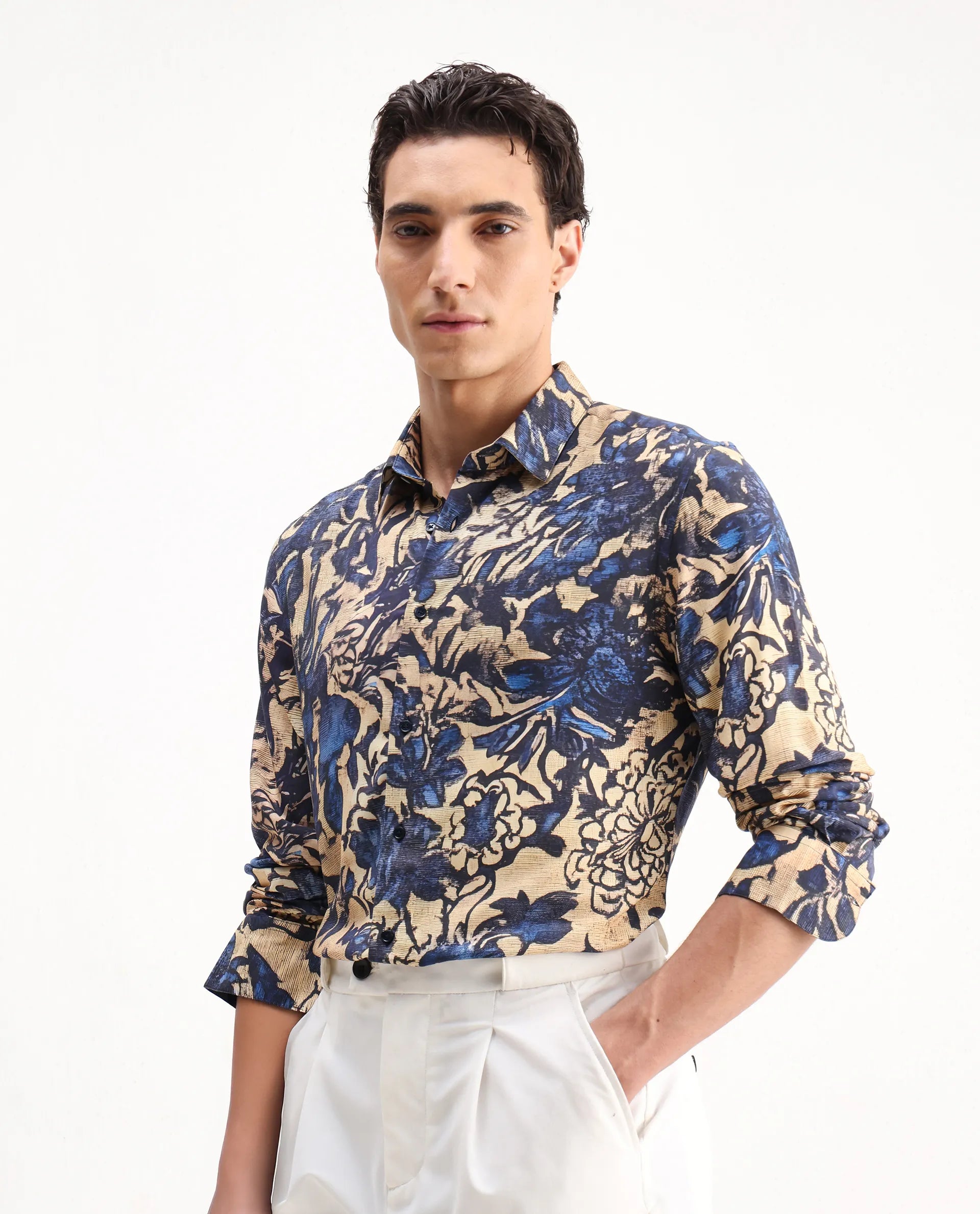 Rare Rabbit Men's Moky Dusky Yellow Viscose Floral Print Regular Fit Full Sleeve Collared Shirt
