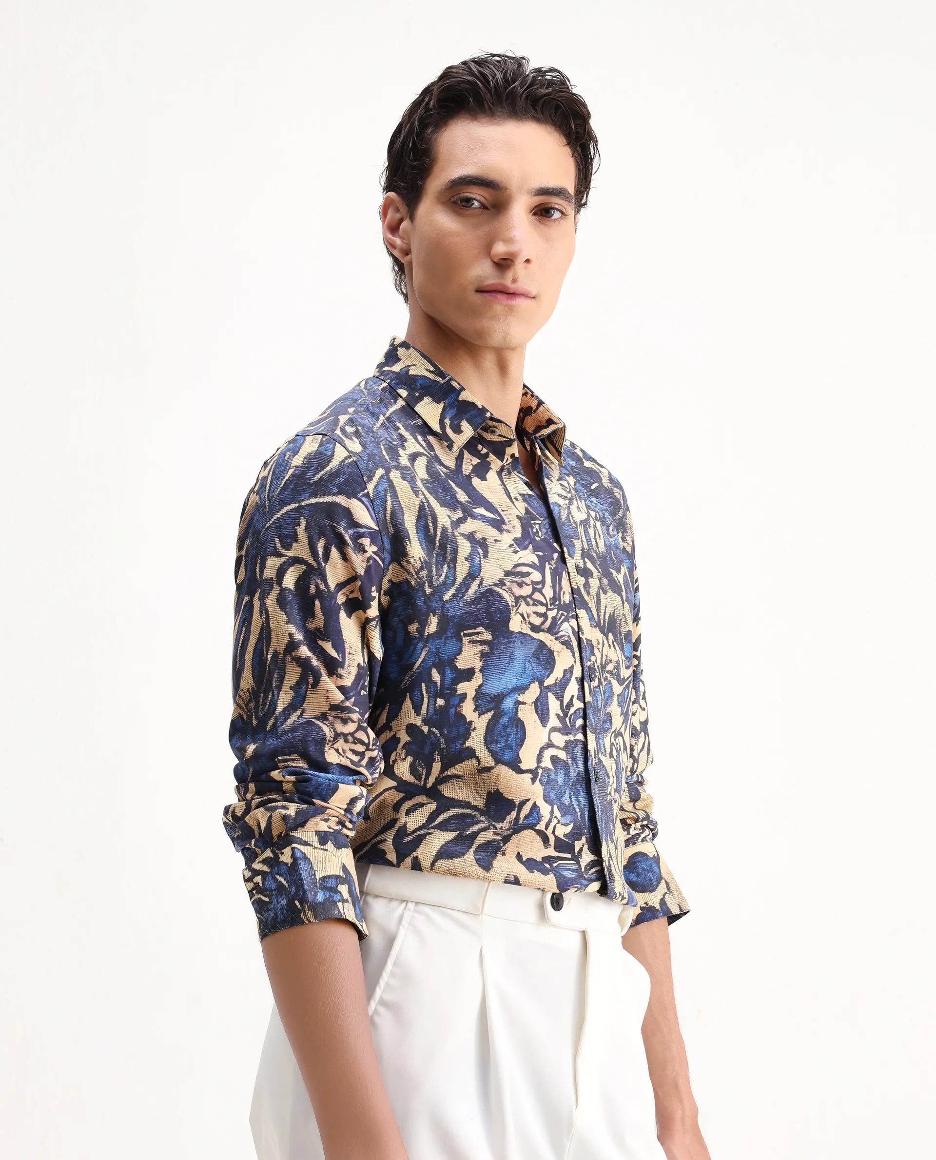 Rare Rabbit Men's Moky Dusky Yellow Viscose Floral Print Regular Fit Full Sleeve Collared Shirt