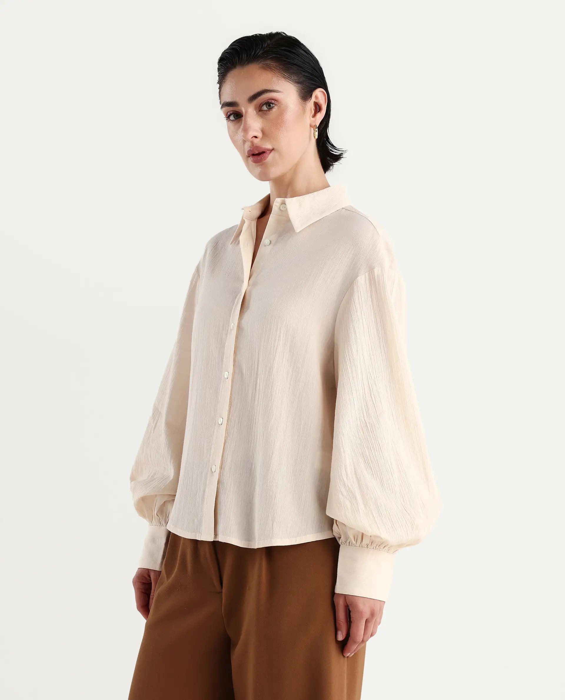 Rareism Women's Molfetta Light Off White Cotton Blend Drop Collar Plain Bishop Sleeve Regular Fit Shirt