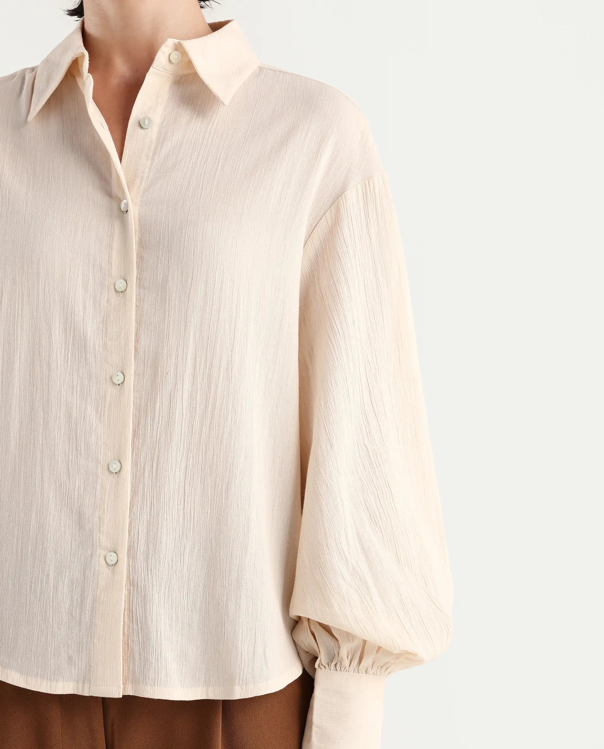 Rareism Women's Molfetta Light Off White Cotton Blend Drop Collar Plain Bishop Sleeve Regular Fit Shirt