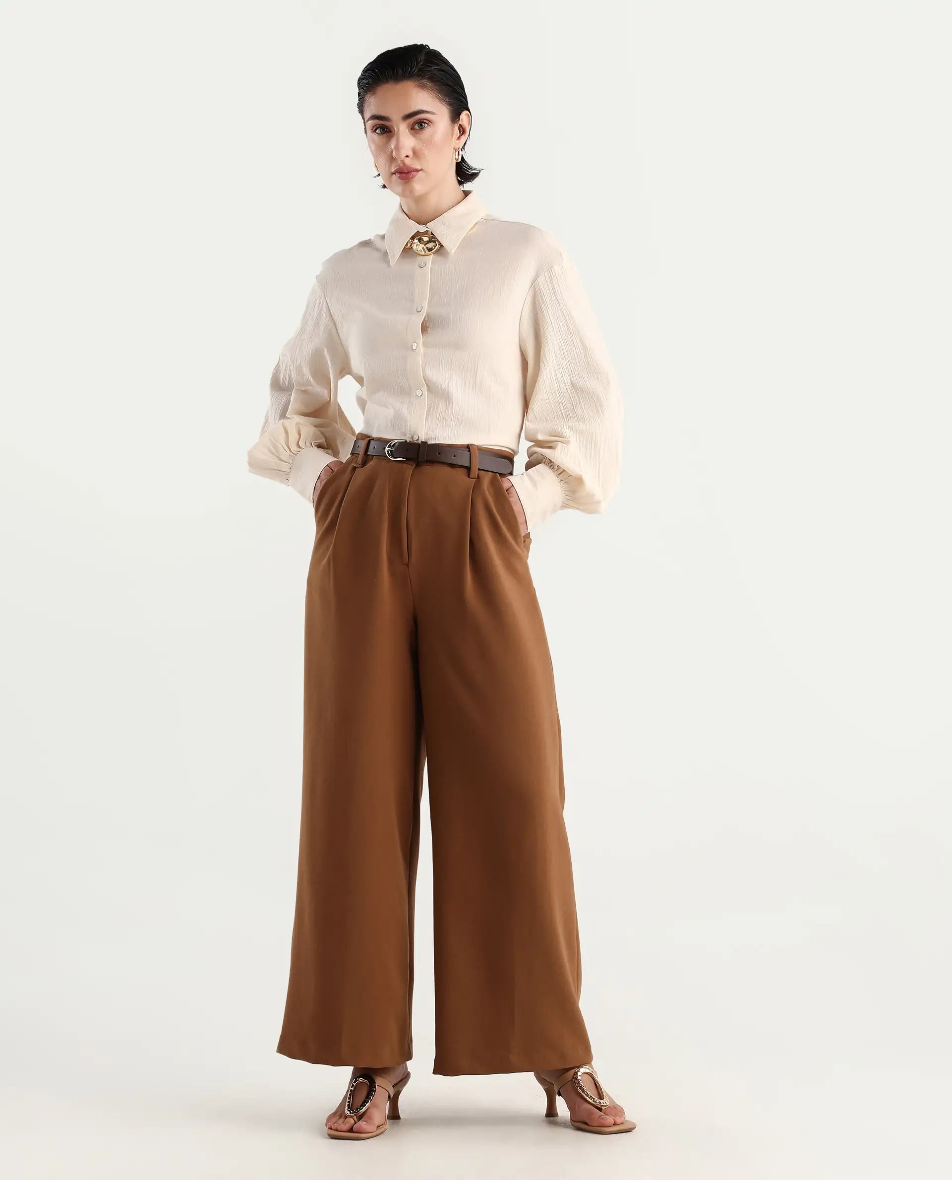 Rareism Women's Molfetta Light Off White Cotton Blend Drop Collar Plain Bishop Sleeve Regular Fit Shirt