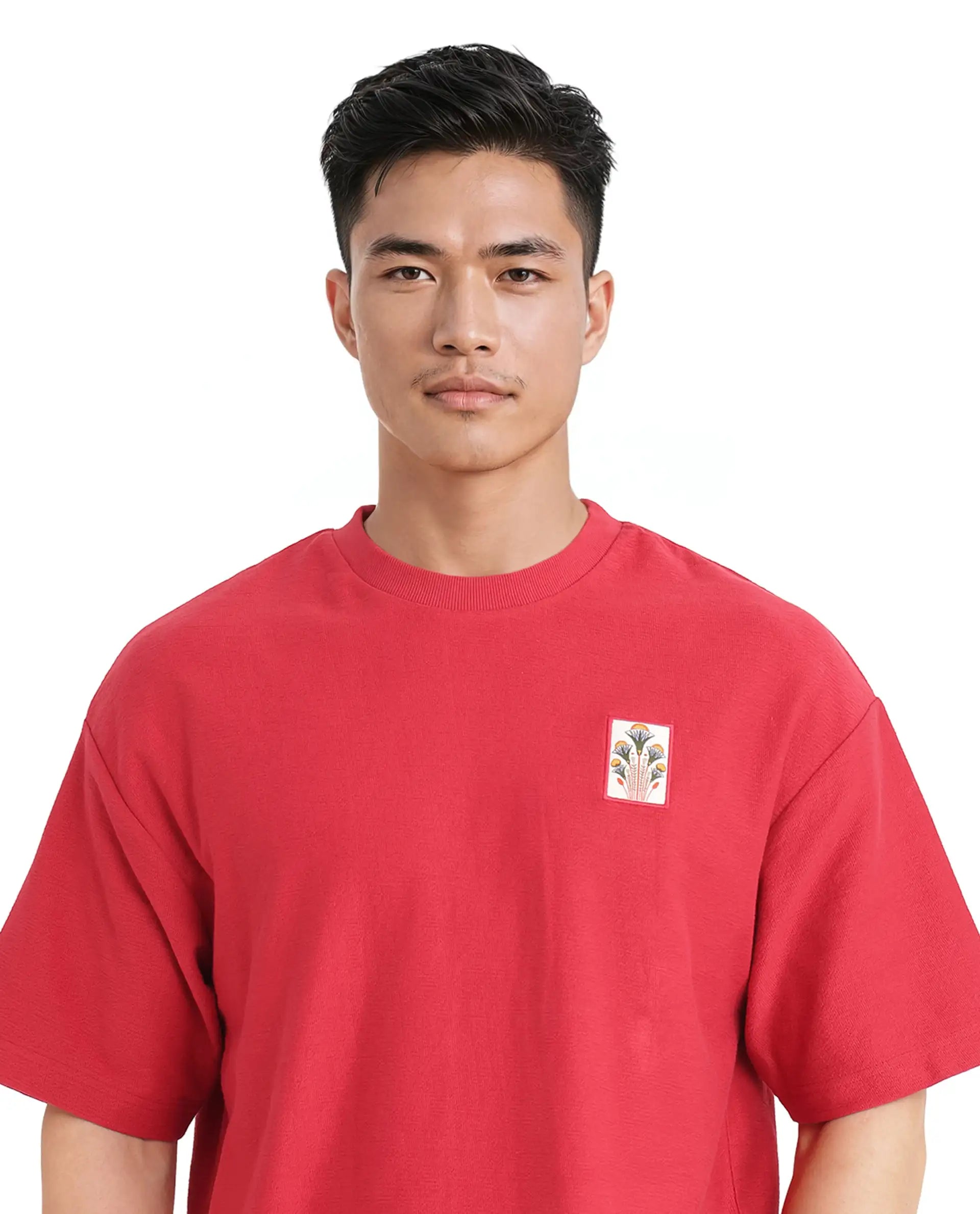 Rare Rabbit Men Molo Red Cotton Fabric Short Sleeve Crew Neck Oversized Fit Graphic Print T-Shirt