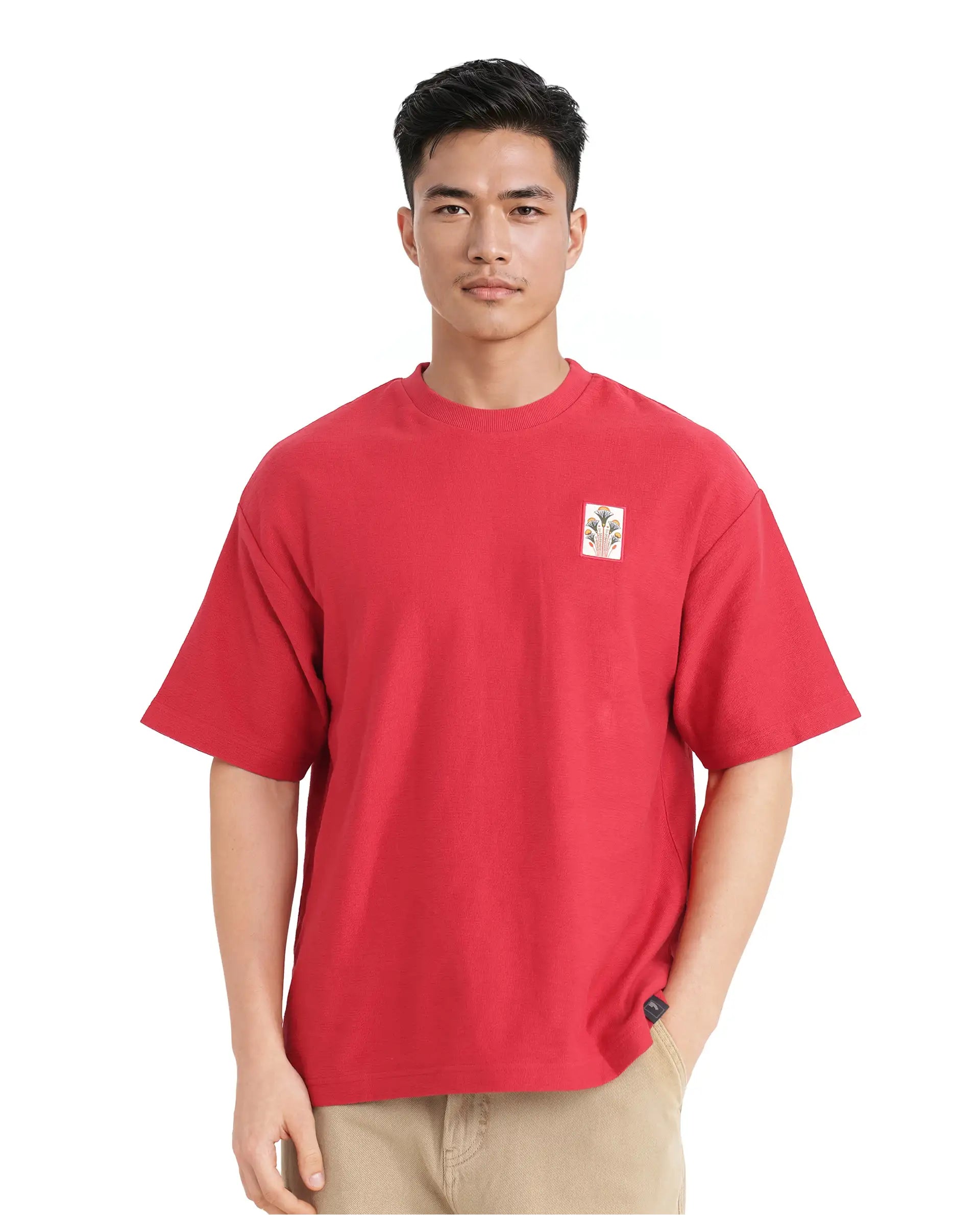 Rare Rabbit Men Molo Red Cotton Fabric Short Sleeve Crew Neck Oversized Fit Graphic Print T-Shirt