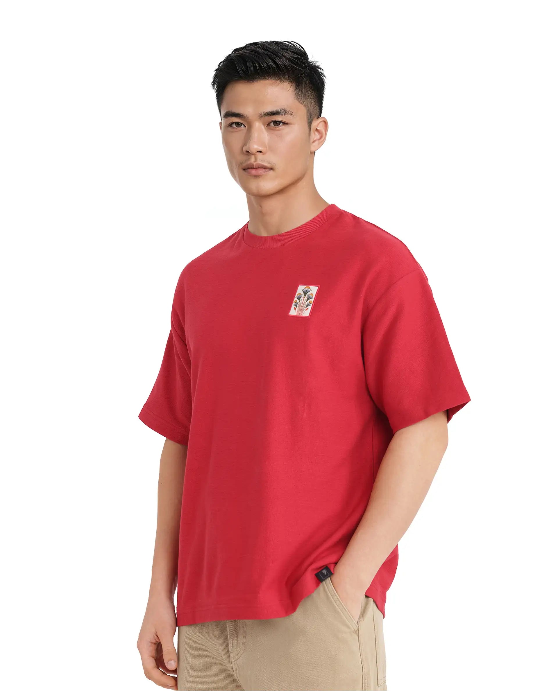 Rare Rabbit Men Molo Red Cotton Fabric Short Sleeve Crew Neck Oversized Fit Graphic Print T-Shirt