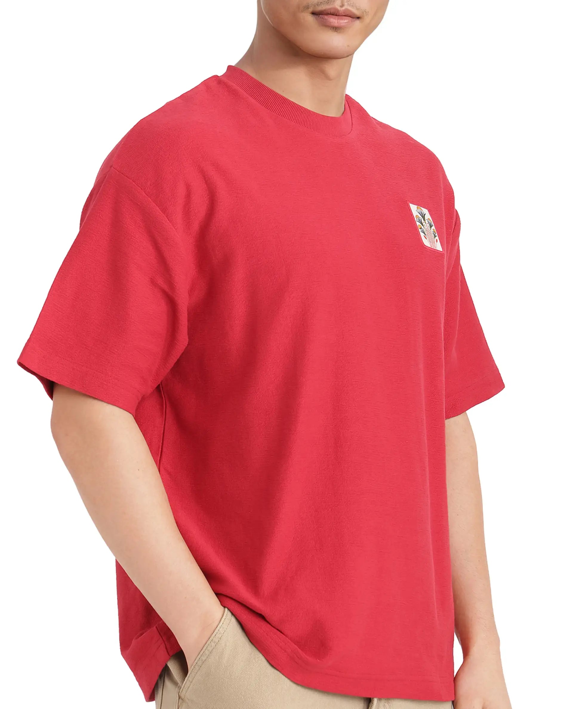 Rare Rabbit Men Molo Red Cotton Fabric Short Sleeve Crew Neck Oversized Fit Graphic Print T-Shirt