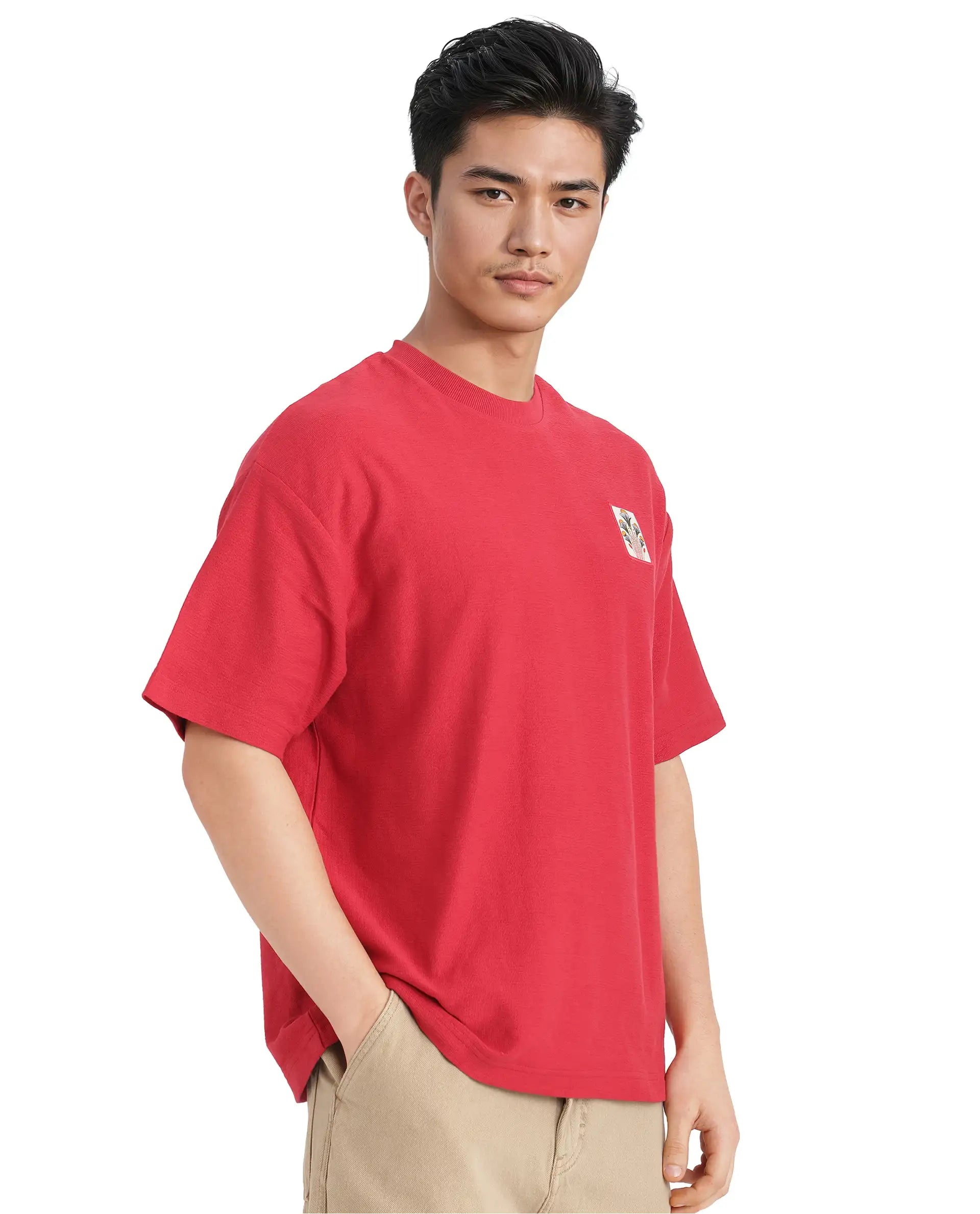 Rare Rabbit Men Molo Red Cotton Fabric Short Sleeve Crew Neck Oversized Fit Graphic Print T-Shirt