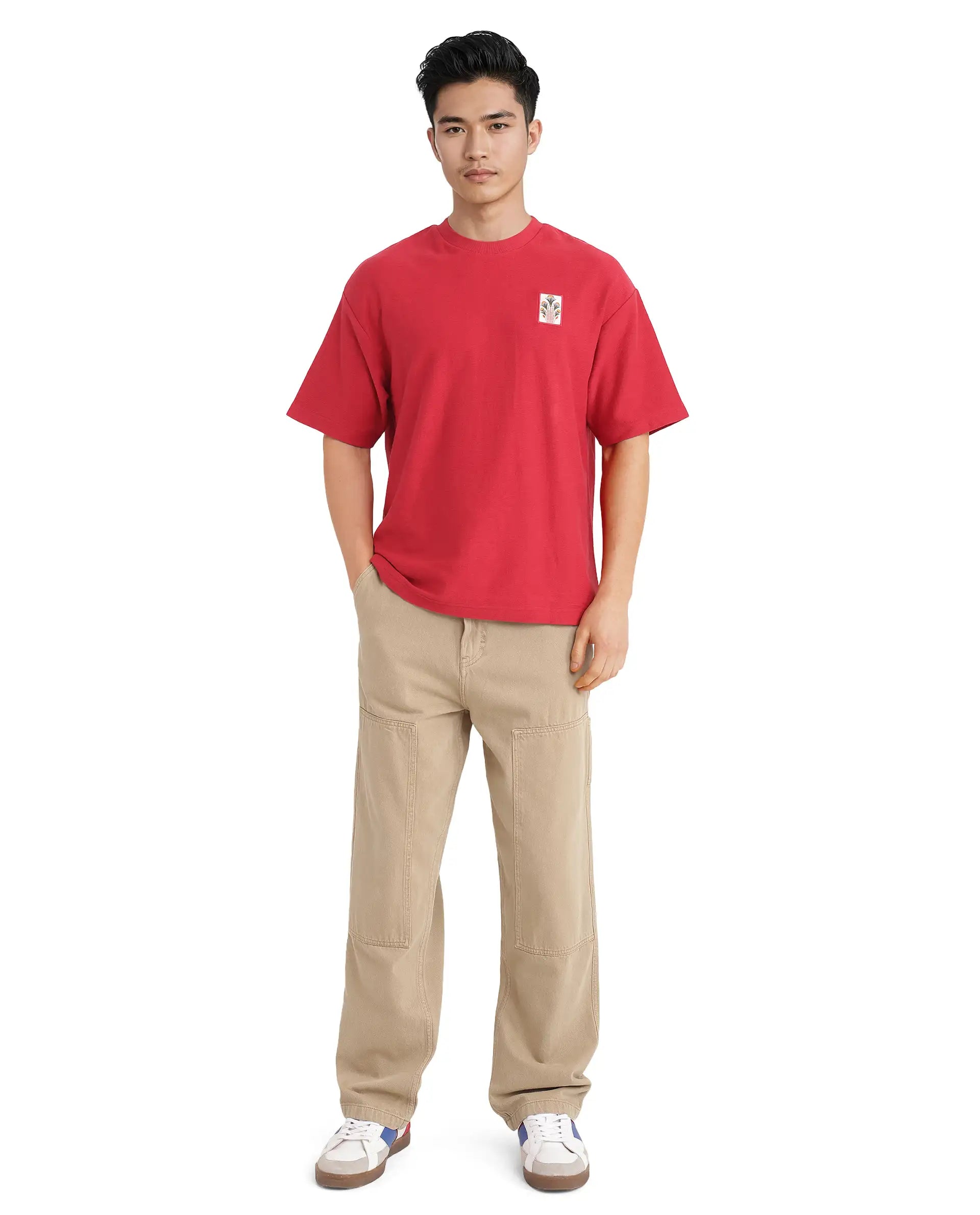 Rare Rabbit Men Molo Red Cotton Fabric Short Sleeve Crew Neck Oversized Fit Graphic Print T-Shirt