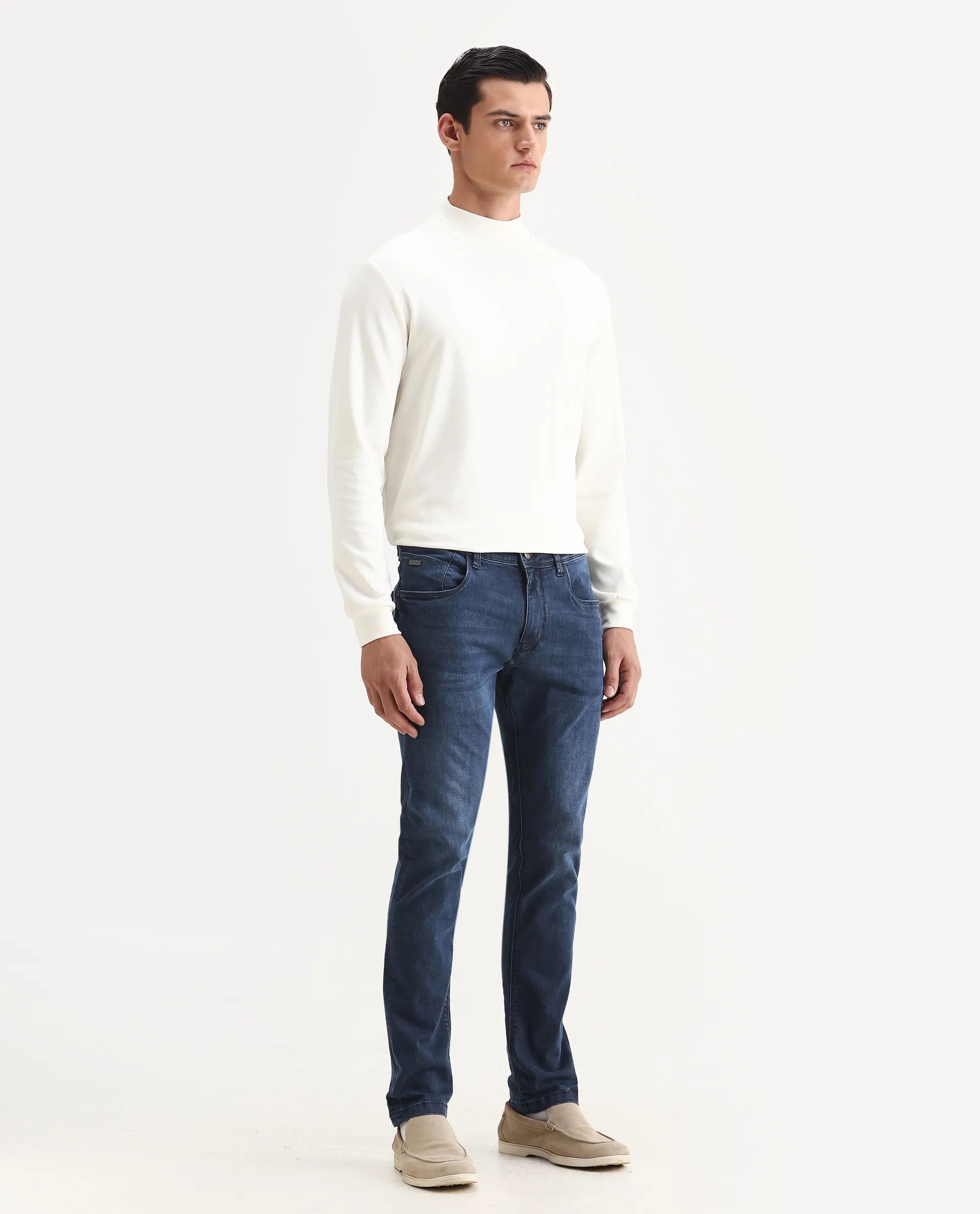 Rare Rabbit Men's Monaco Navy Cotton Plain Hawk Slim Fit Jeans