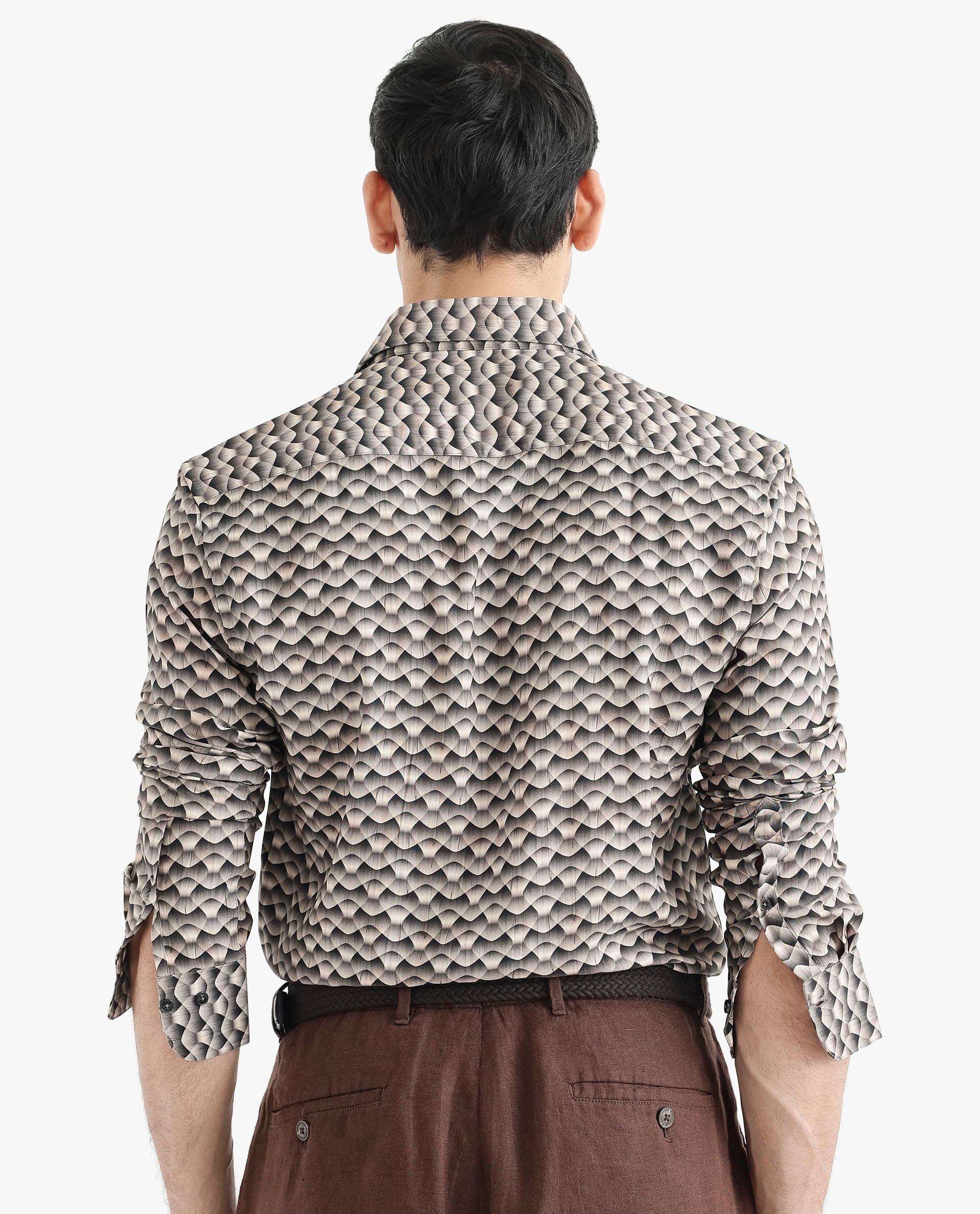 Rare Rabbit Men's Monar LS Beige Viscose Fabric Full Sleeves Regular Fit Geometric Print Shirt